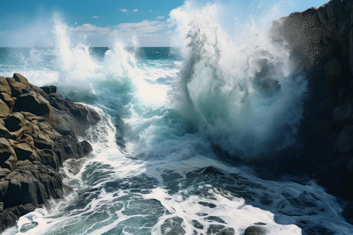 Powerful ocean waves crashing against rocky coastline photo