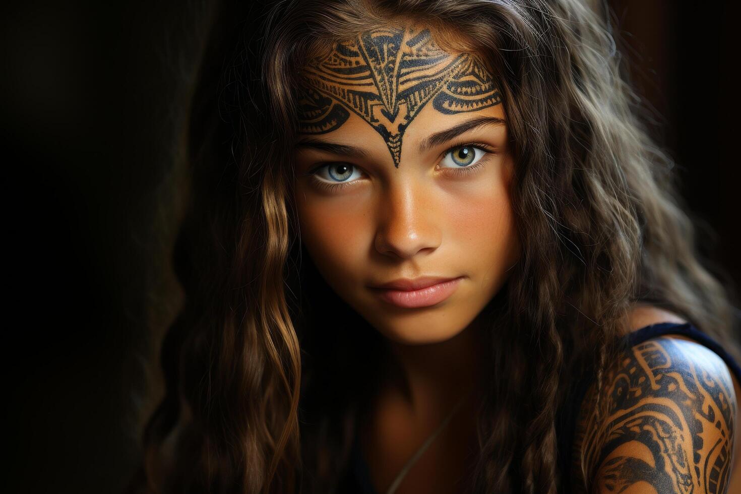 Mysterious warrior woman with tribal tattoos photo