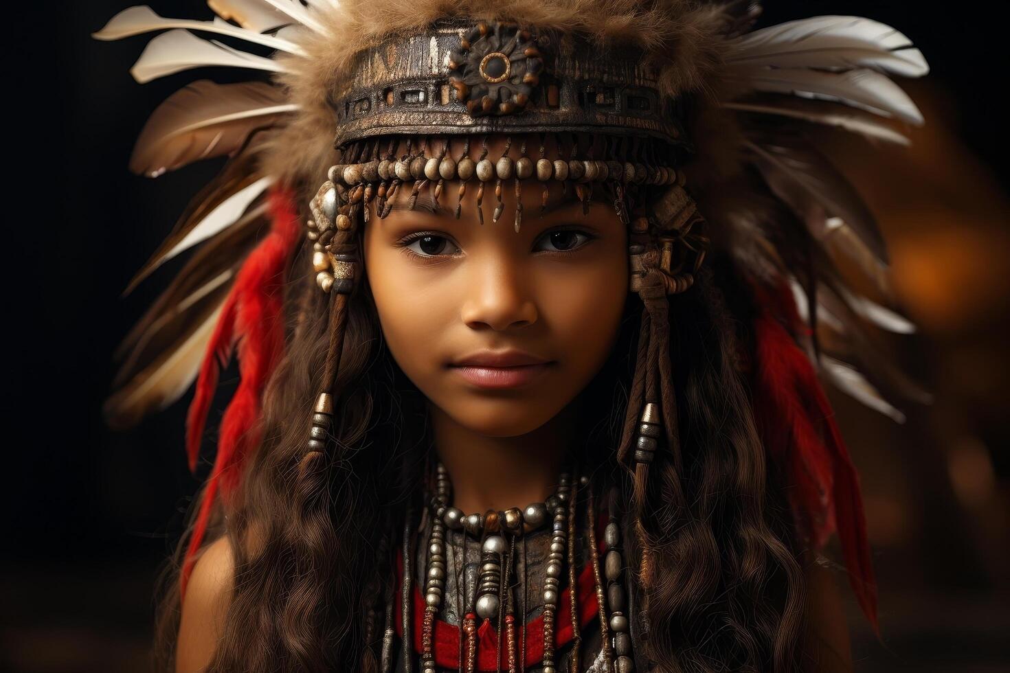 Portrait of a young indigenous woman wearing traditional headdress photo