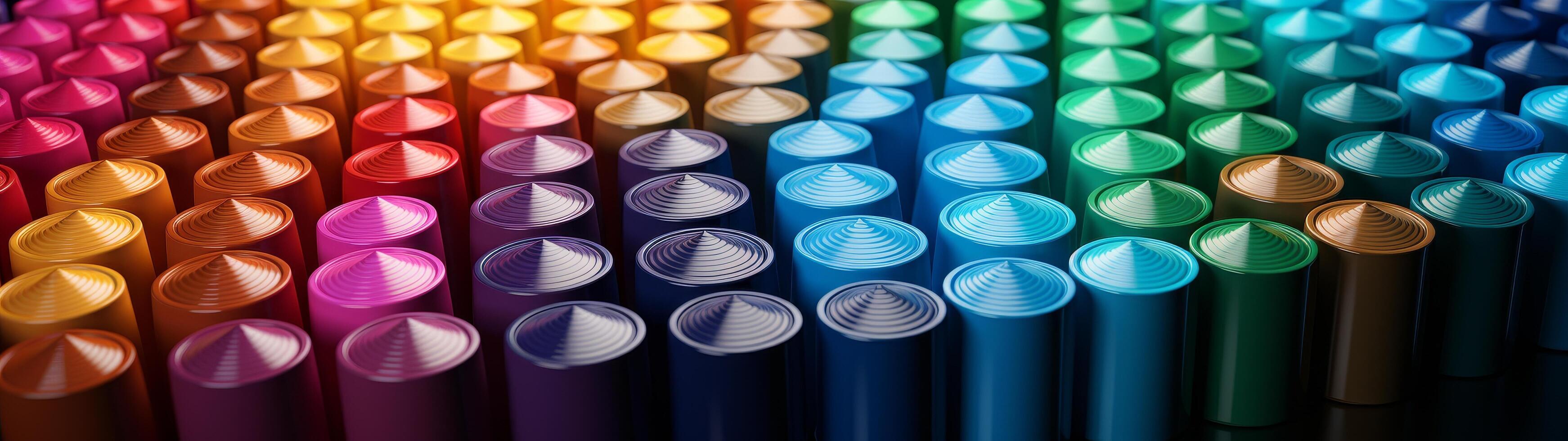 Colorful spray paint cans in a rainbow gradient photo
