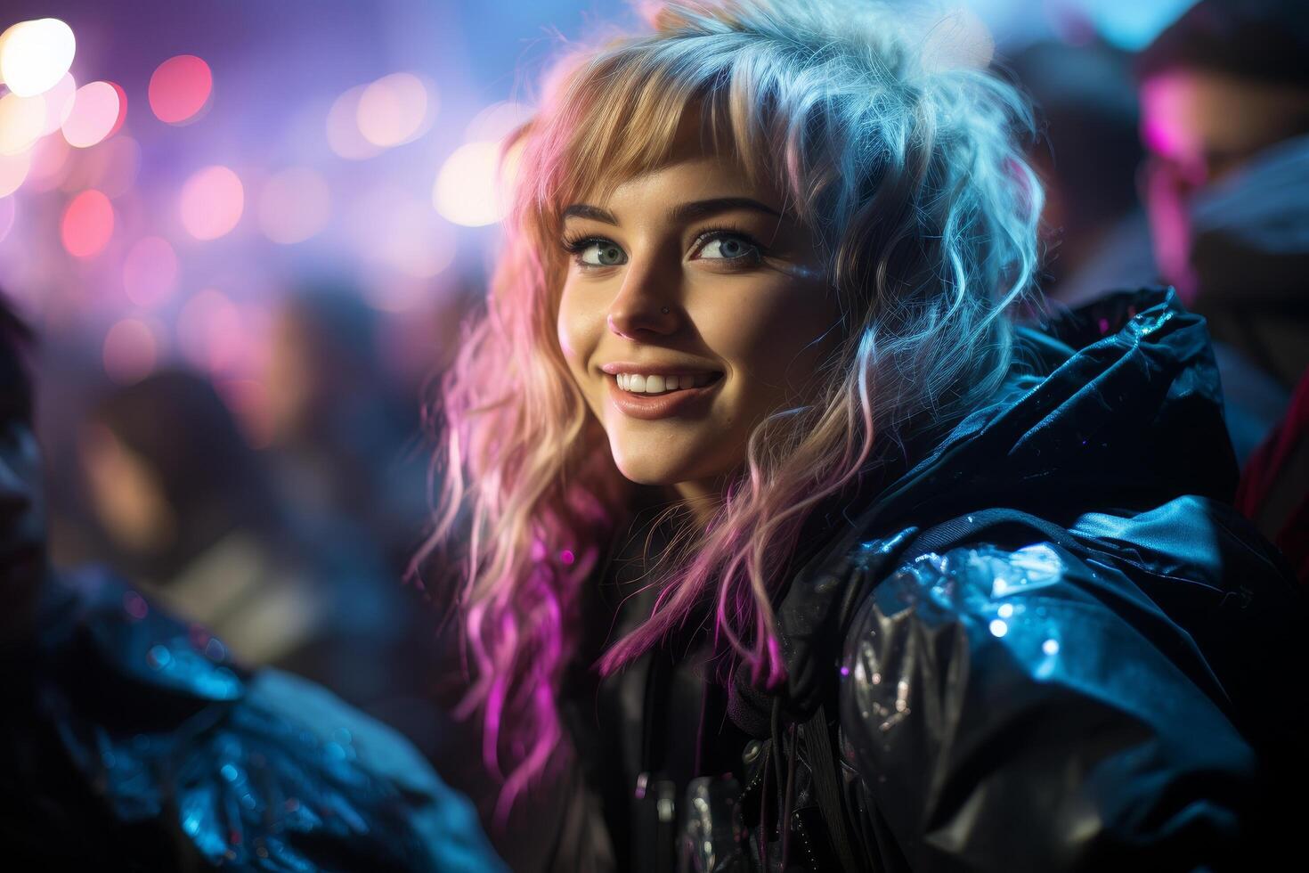 Vibrant portrait of a smiling woman with colorful hair photo
