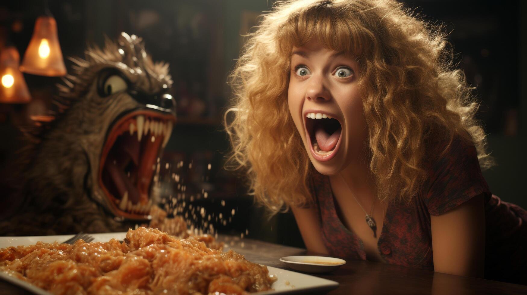 Surprised woman screaming at scary fish photo