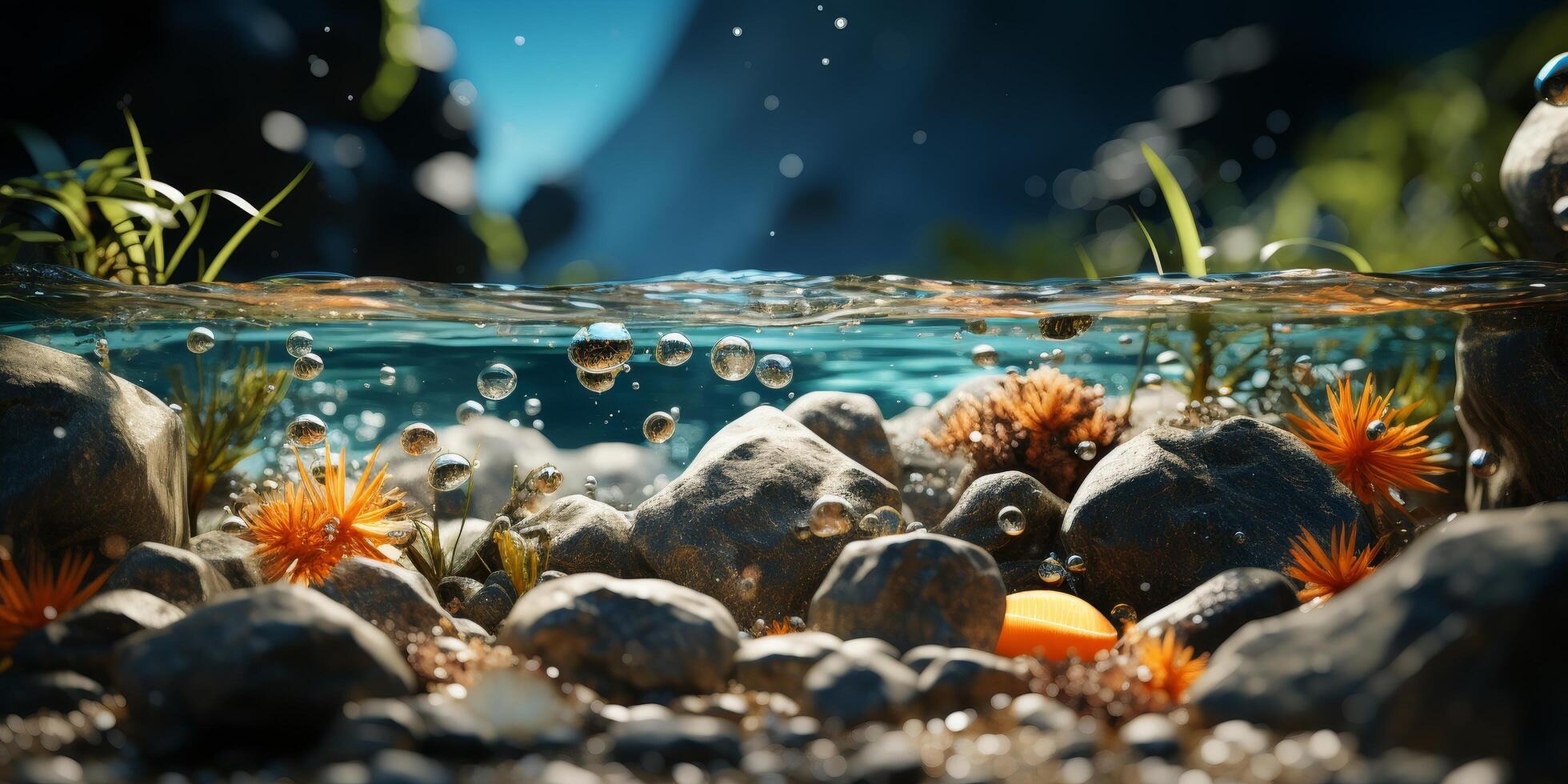 Underwater scene with rocks and colorful sea anemones photo