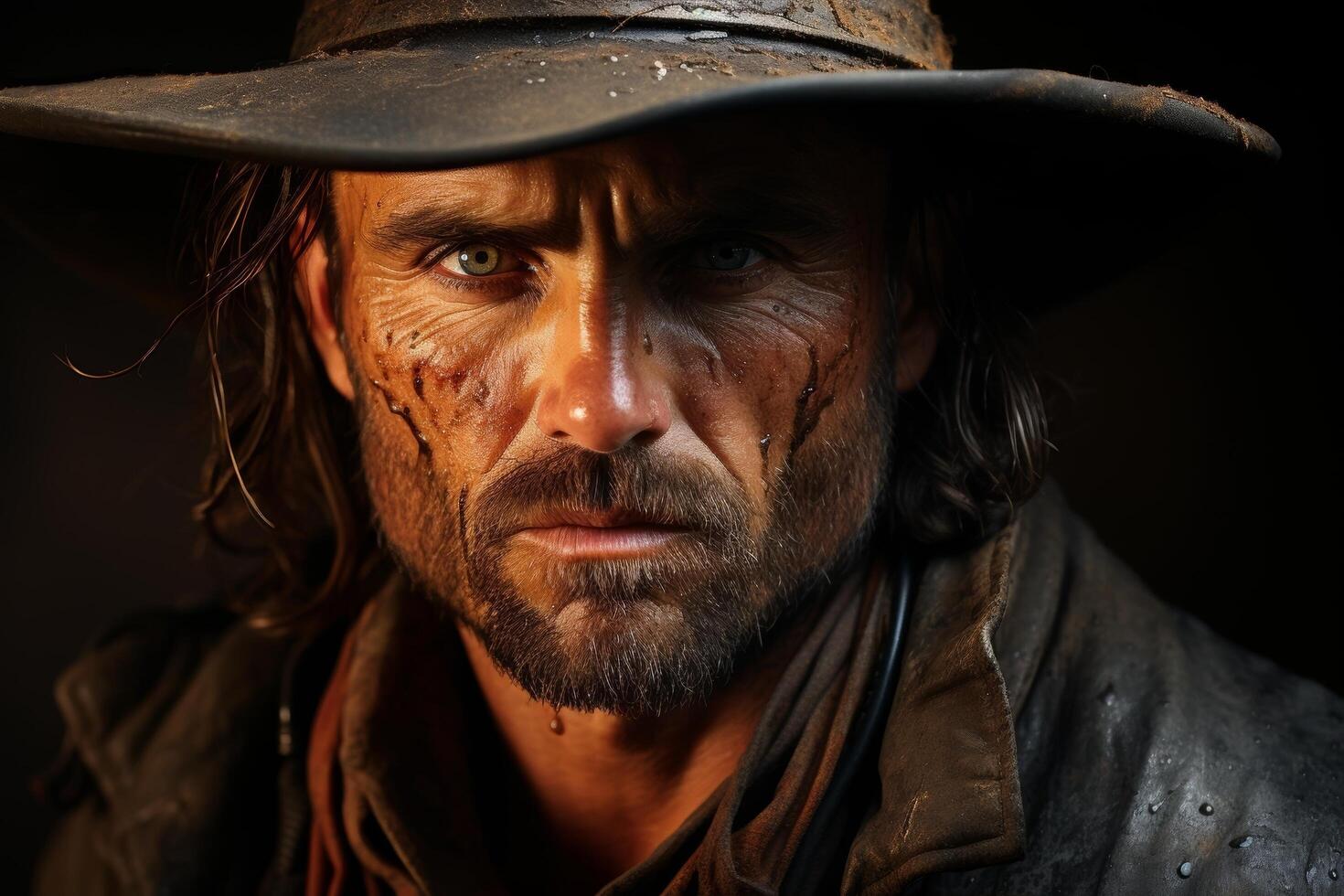 Rugged cowboy with weathered face photo