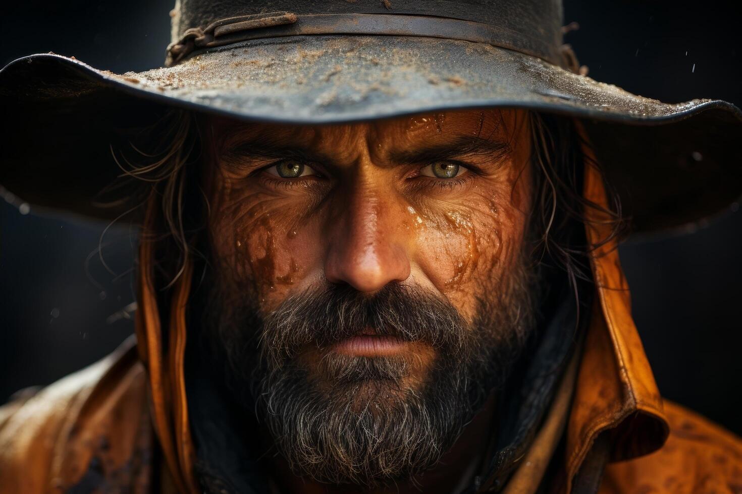 Rugged bearded man in weathered hat photo