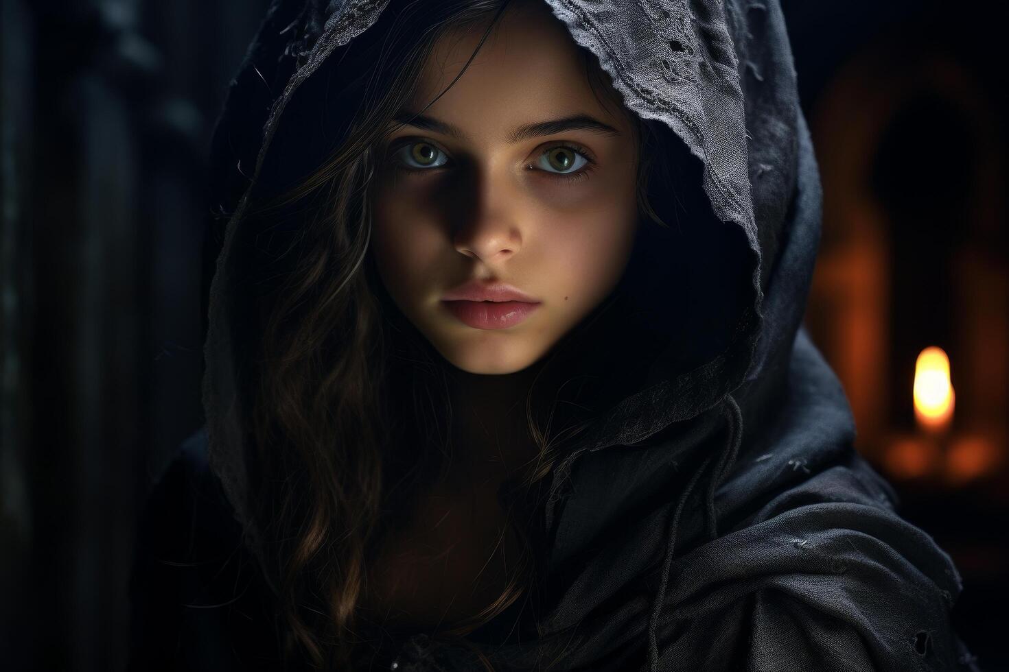 Mysterious hooded figure with intense gaze photo