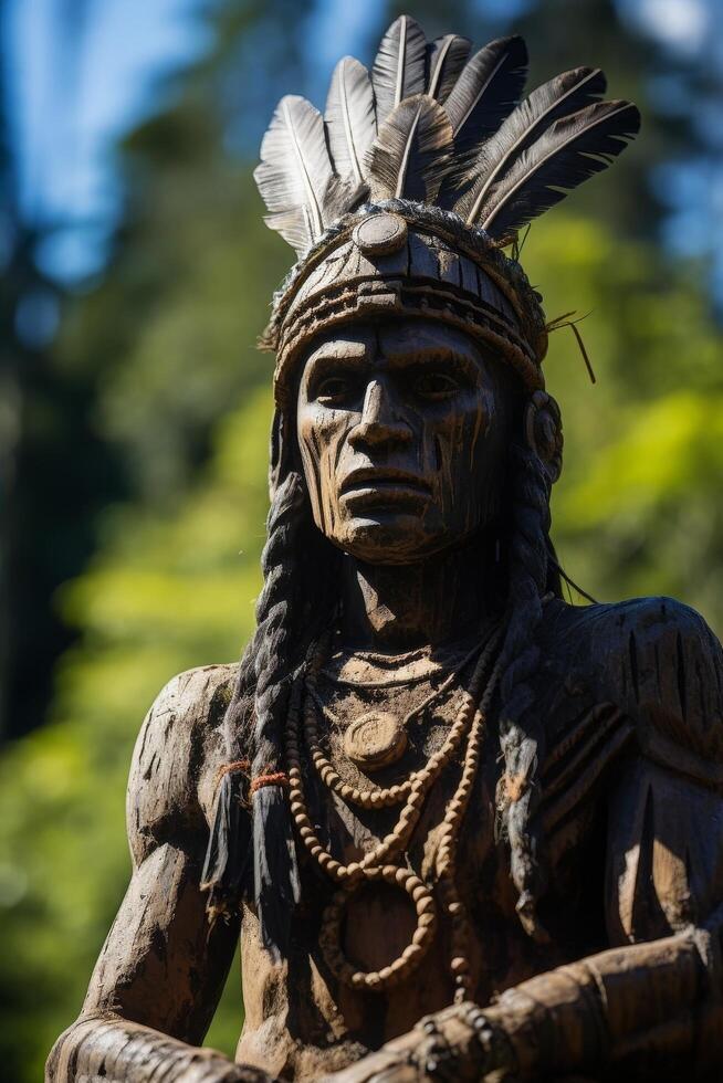 Detailed wooden statue of indigenous tribal leader photo