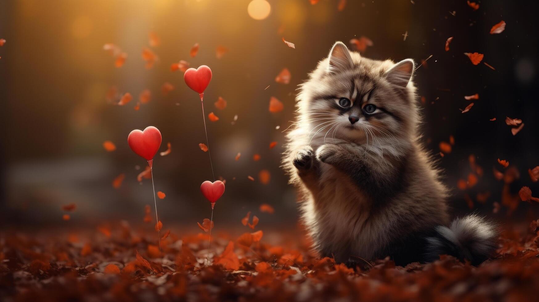 Fluffy cat surrounded by heart shaped balloons and autumn leaves photo