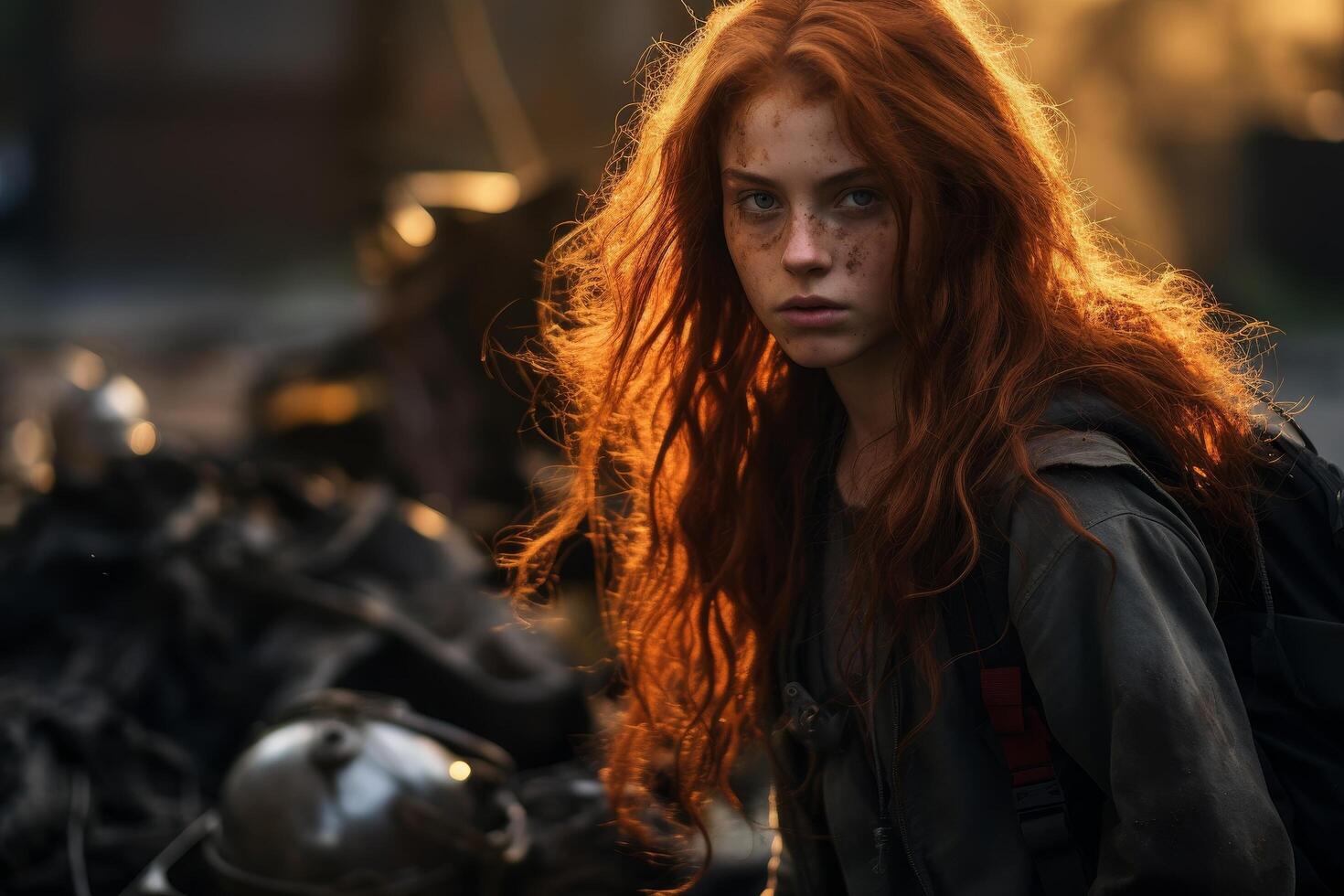 Intense redhead woman with windblown hair photo