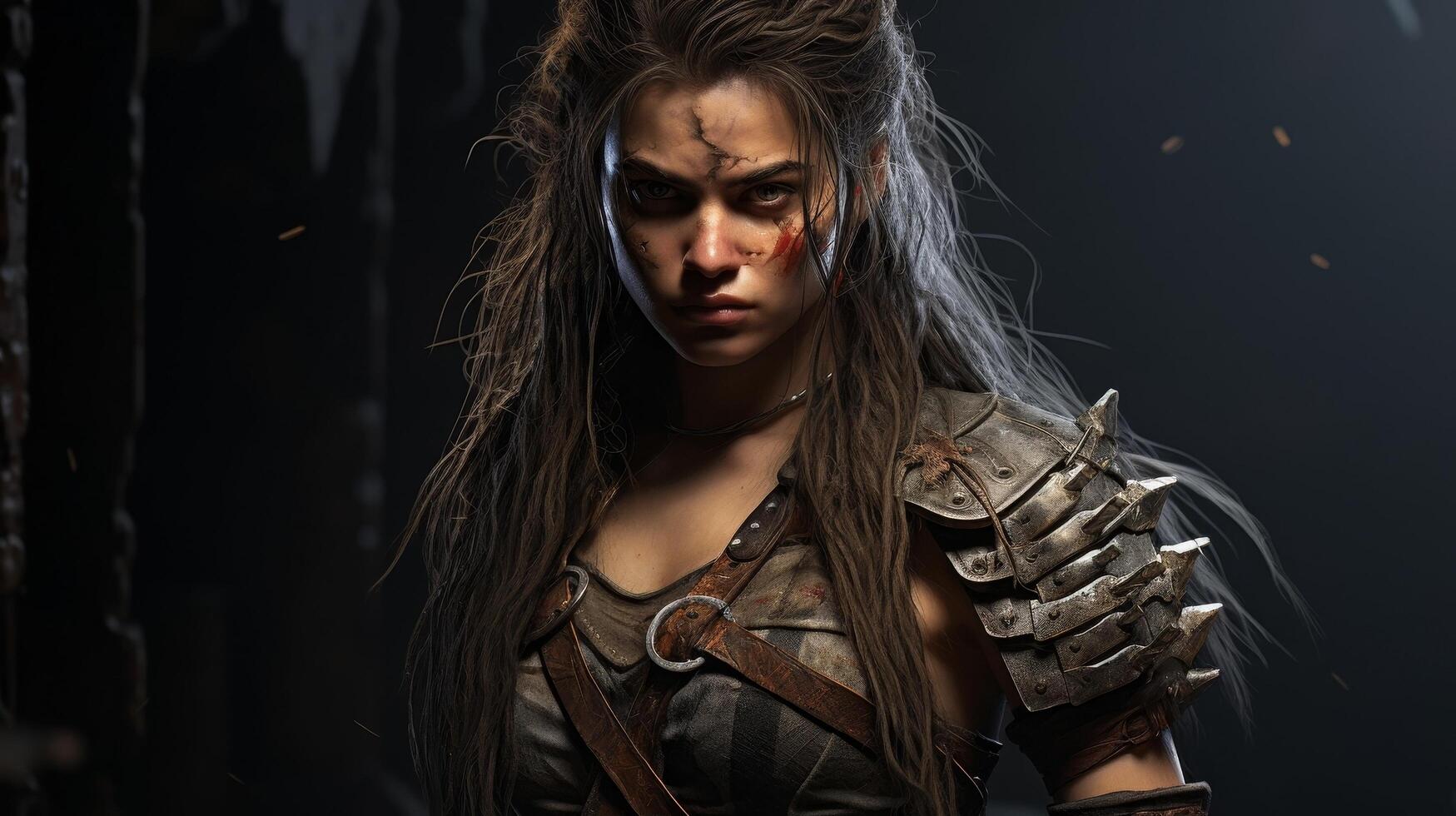 Fierce female warrior with battle worn armor and determined expression photo