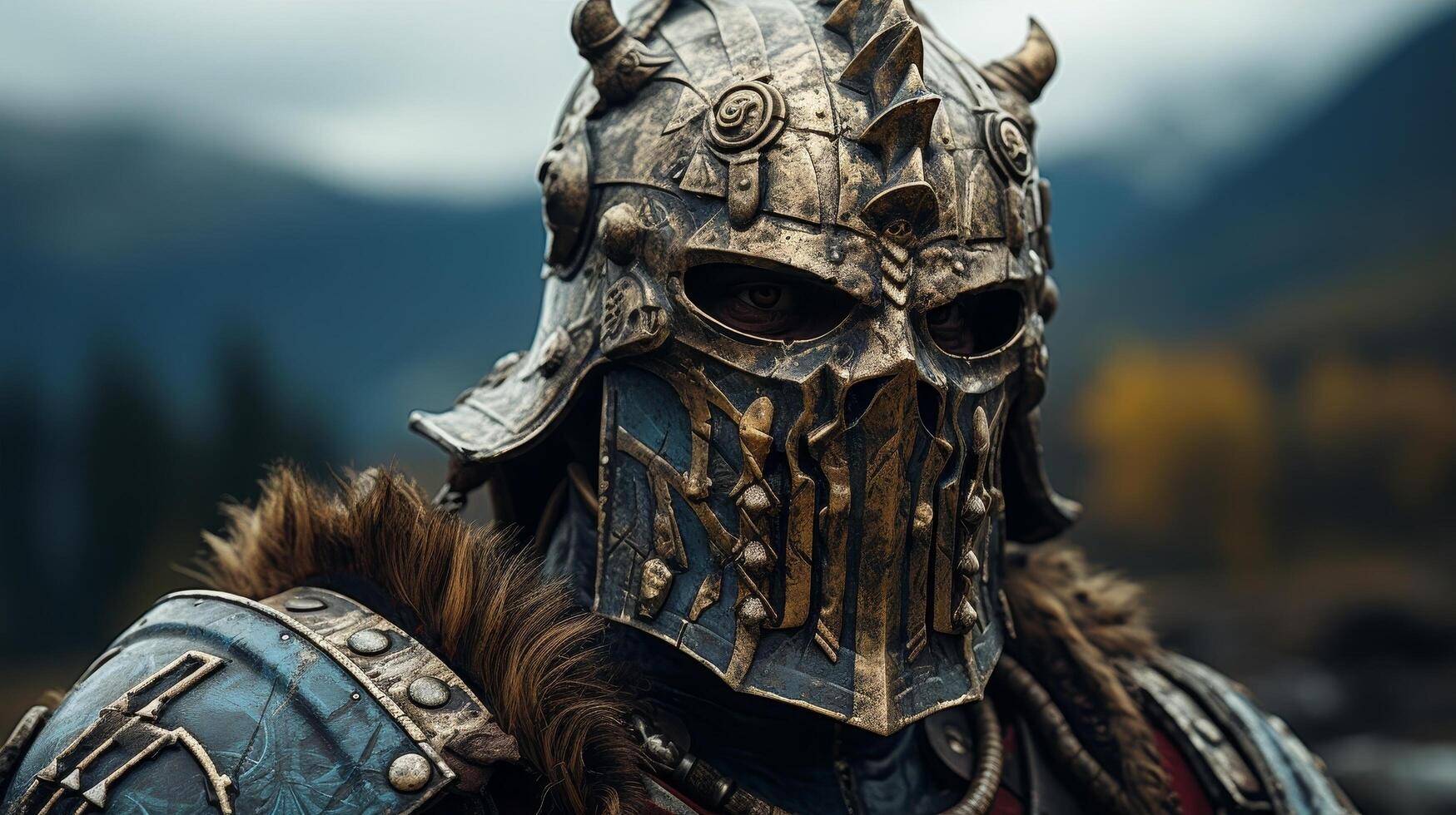 Mysterious armored warrior with horned helmet photo
