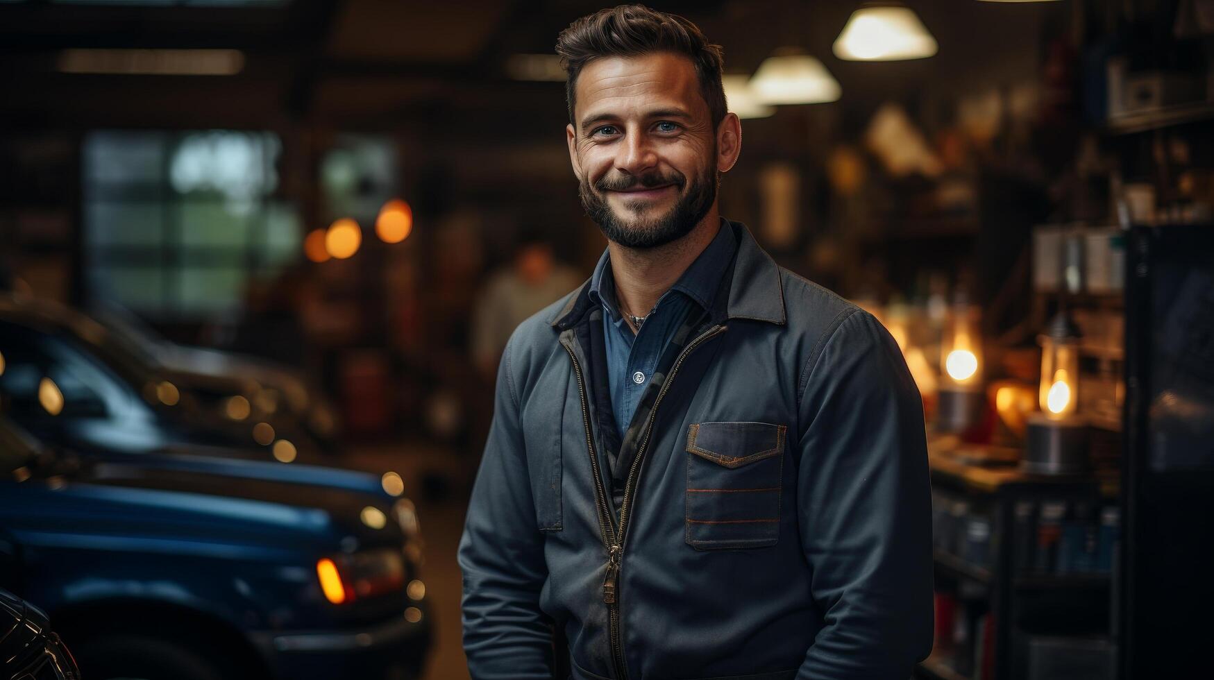 Smiling man in casual outfit standing in front of car photo