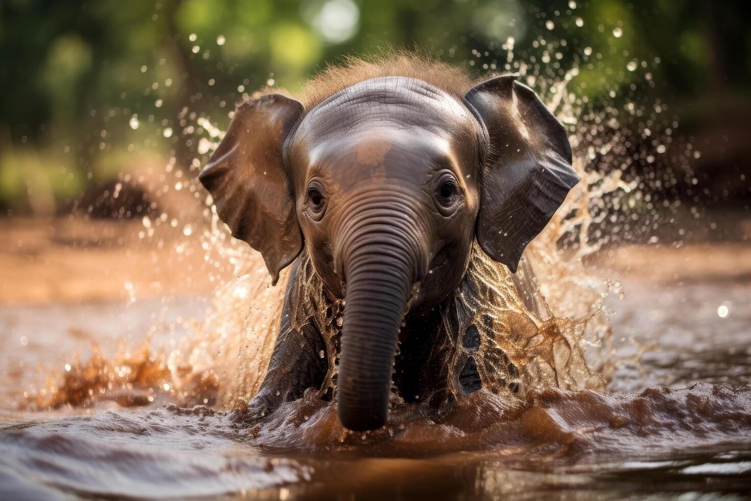 Playful elephant splashing in water photo