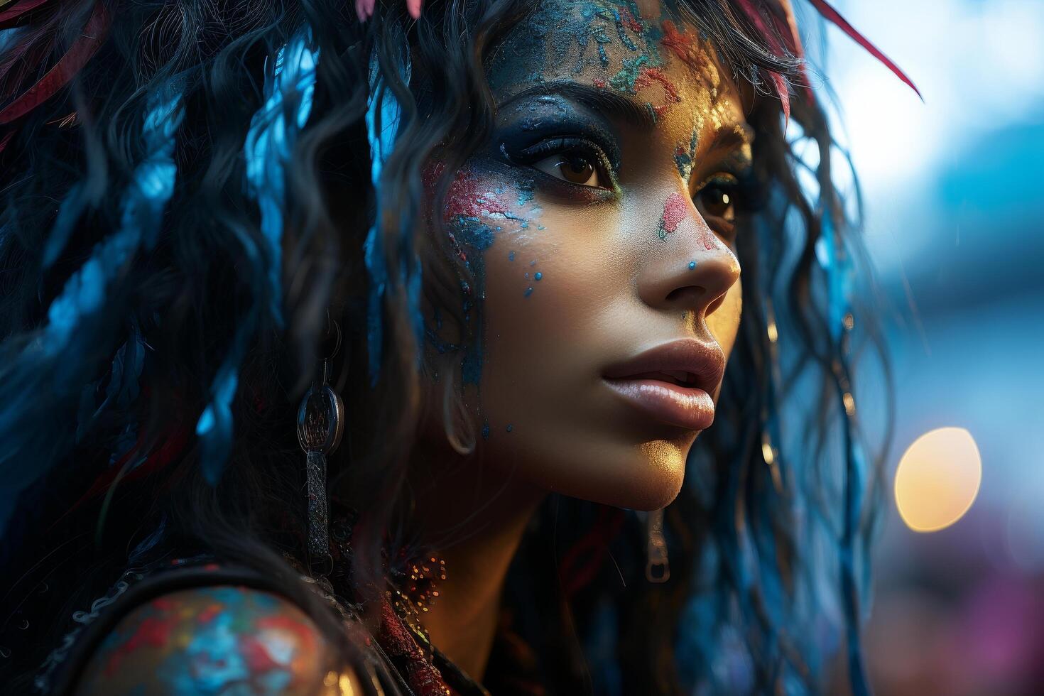 Mystical woman with colorful face paint and feathers photo