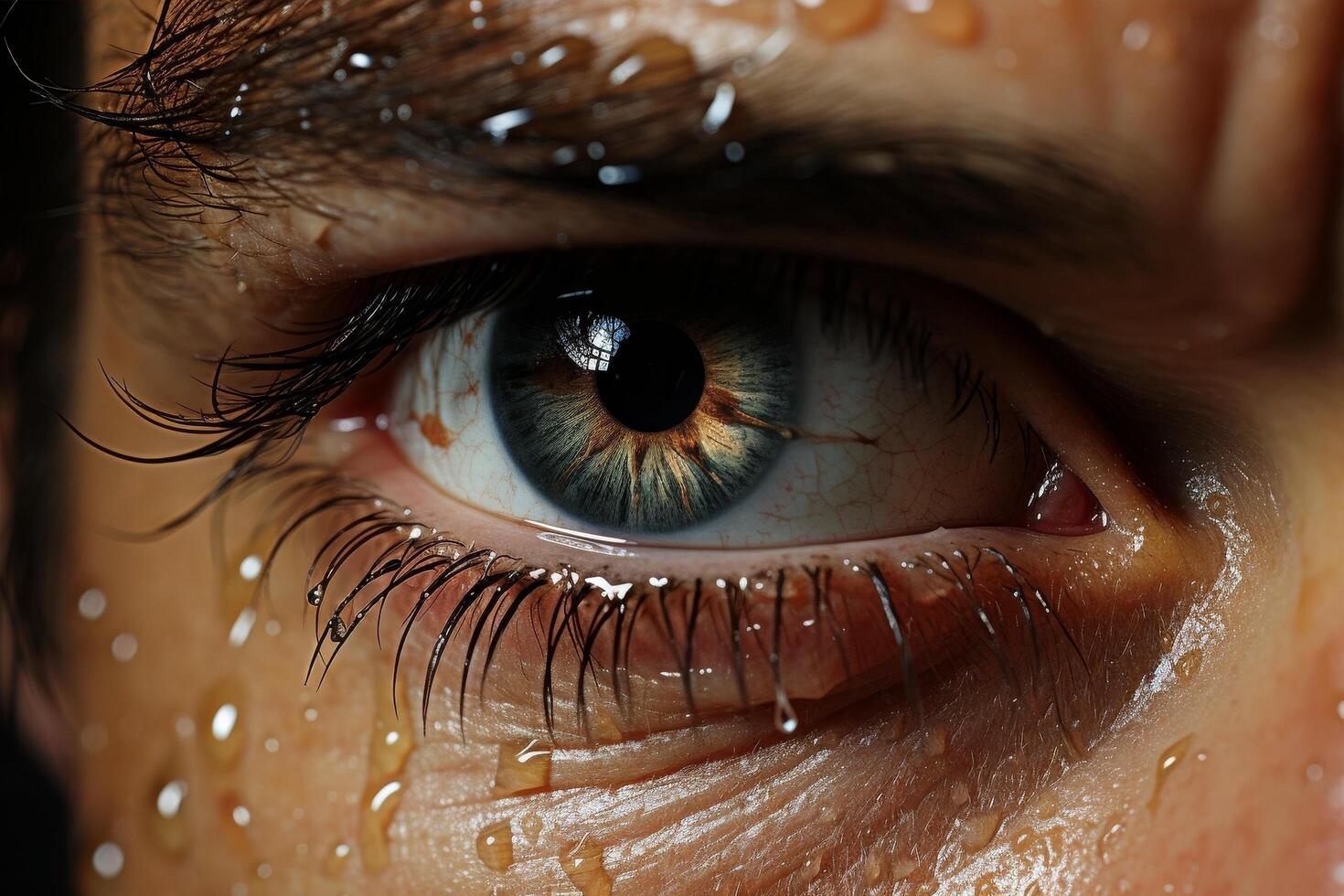 Extreme close up of a human eye with water droplets photo