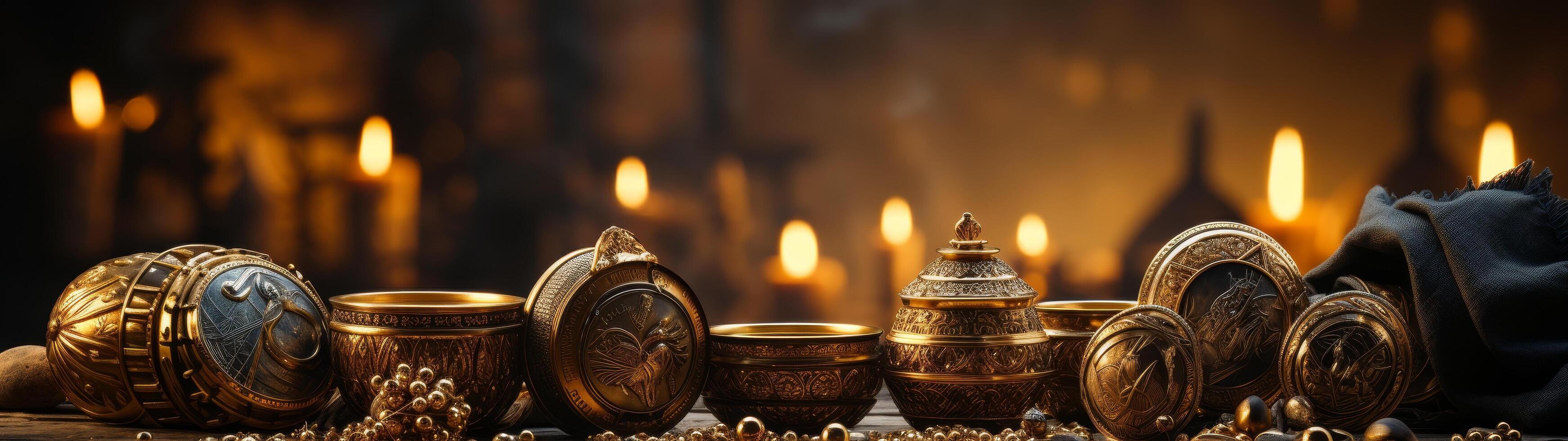 Ornate golden jewelry and trinkets on dark background photo