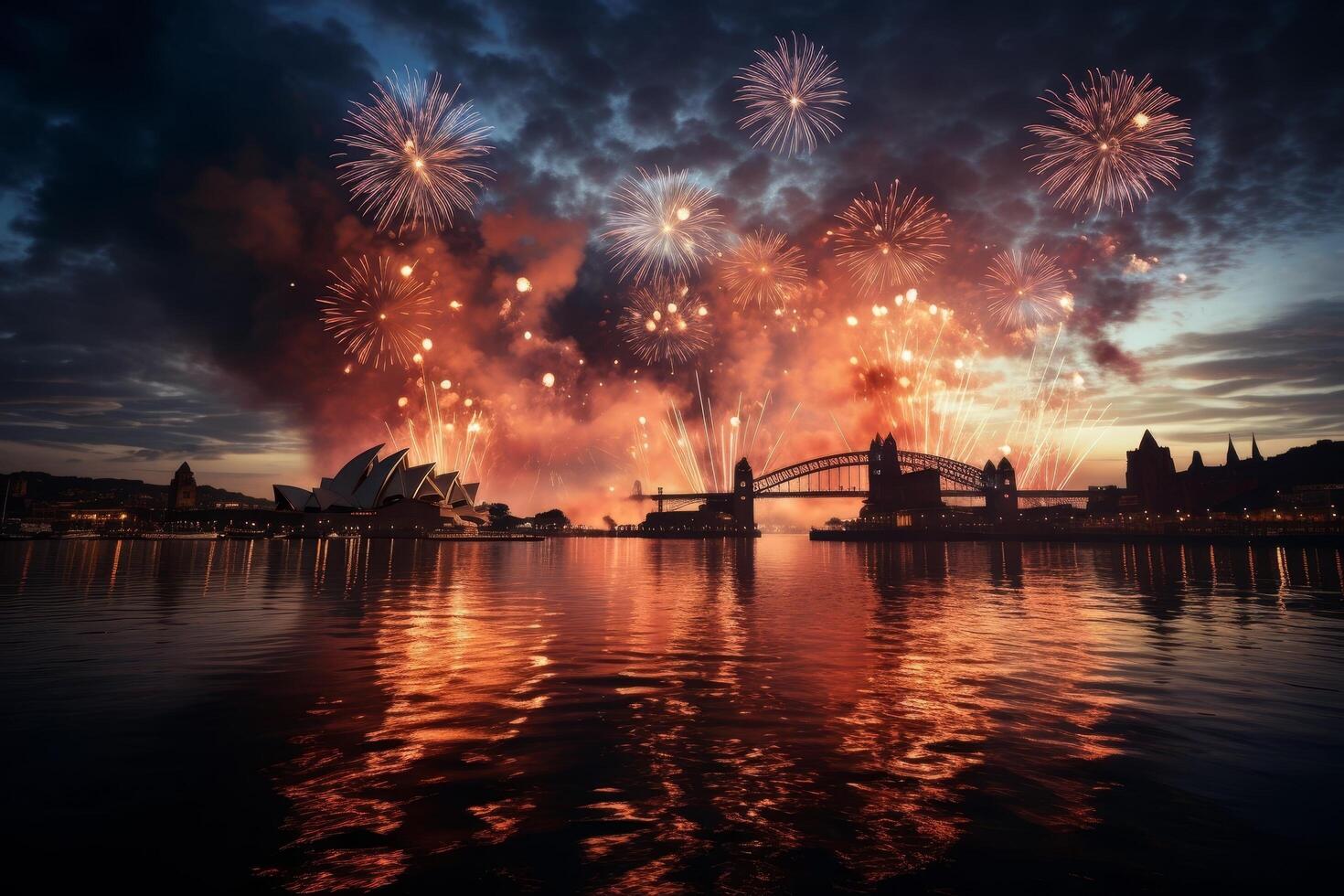Vibrant fireworks display over a city skyline photo