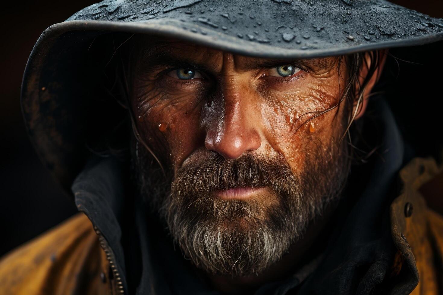 Rugged man with beard and piercing eyes in the rain photo