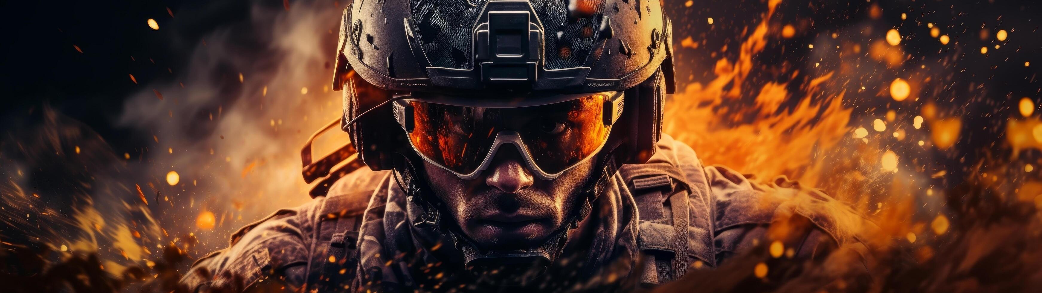 soldier in combat gear during explosion photo