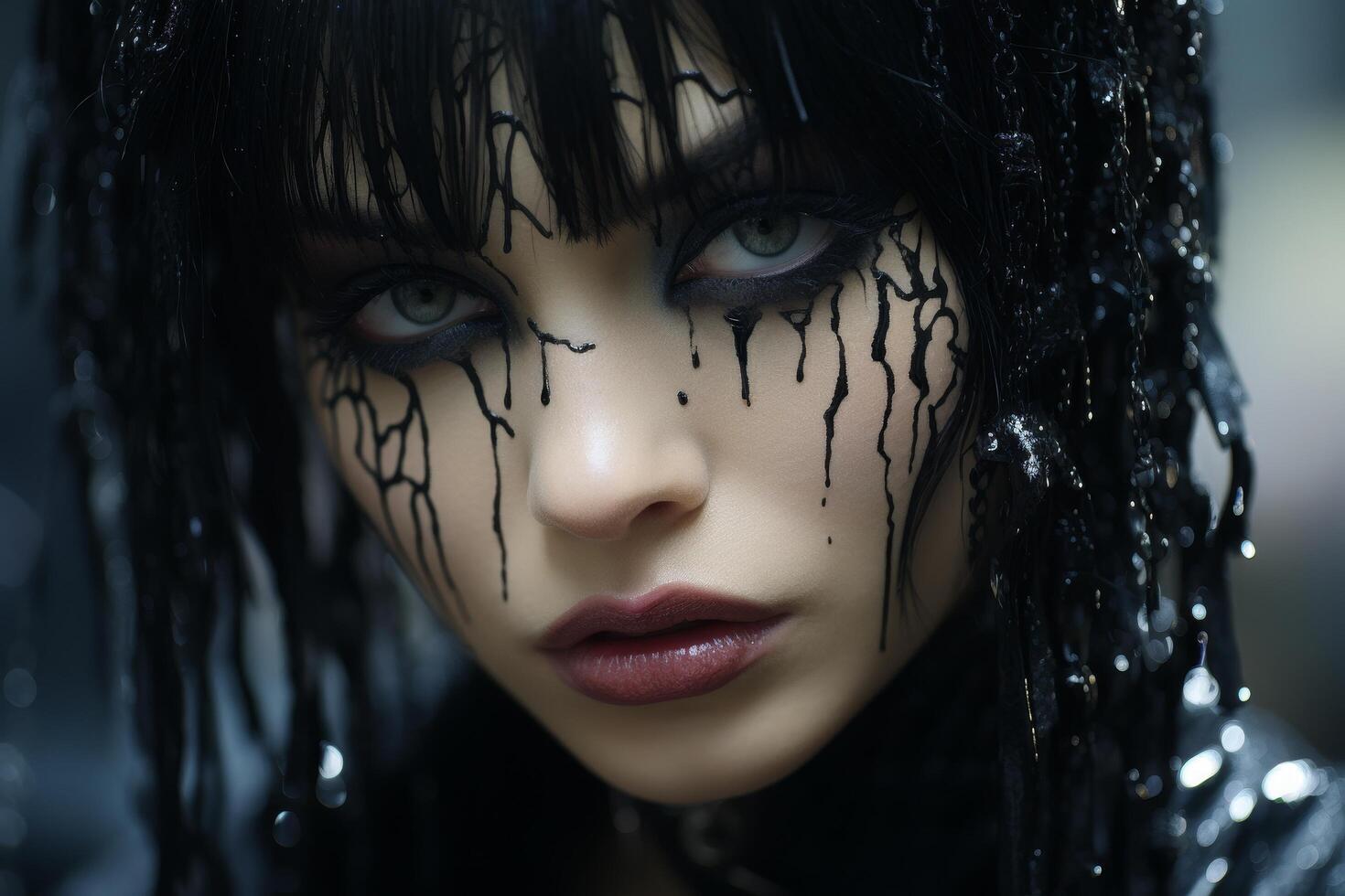 Mysterious woman with dark makeup and wet hair photo