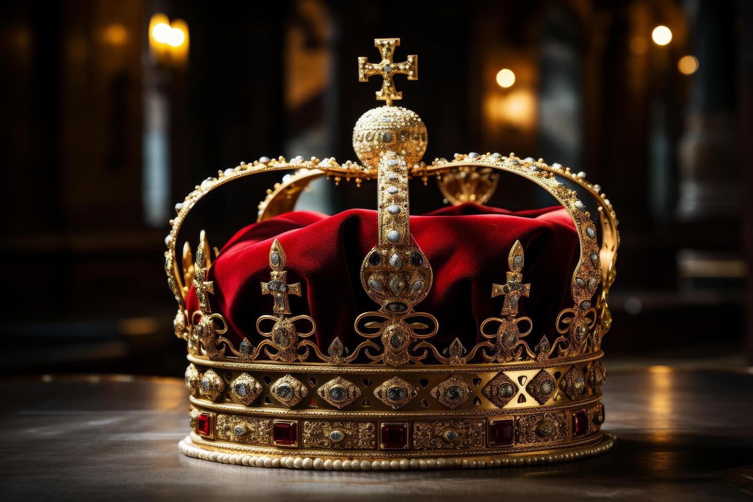 Ornate golden crown with jewels and cross photo