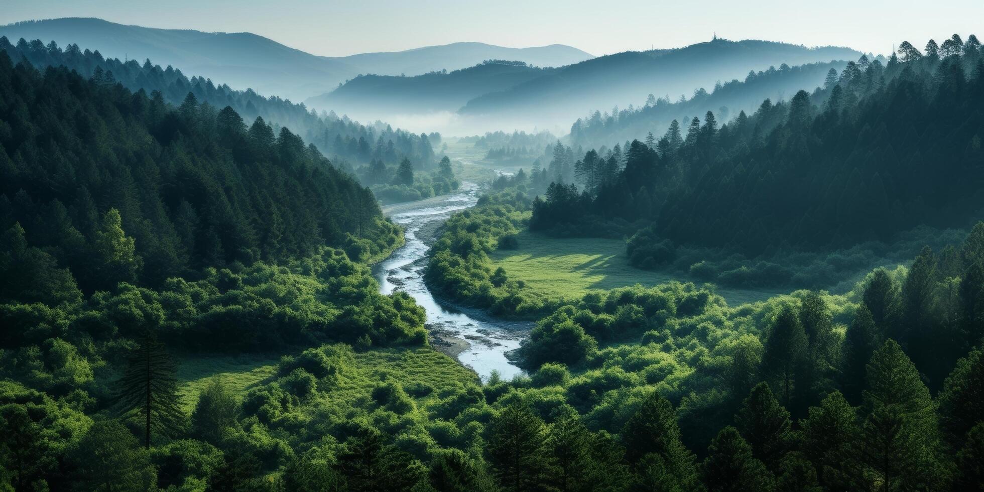 Serene mountain landscape with river and lush green forest photo