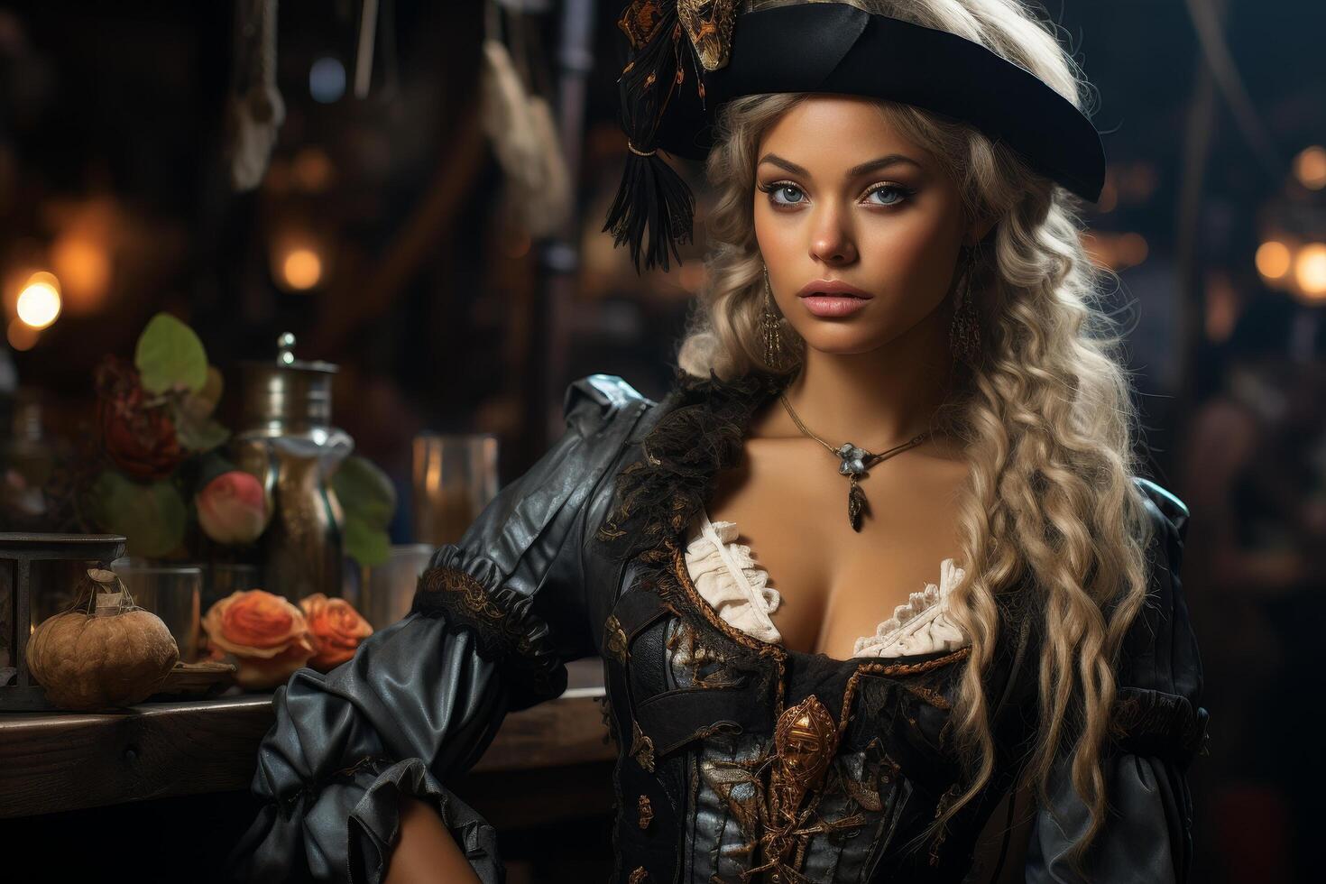 Alluring steampunk woman in ornate costume photo