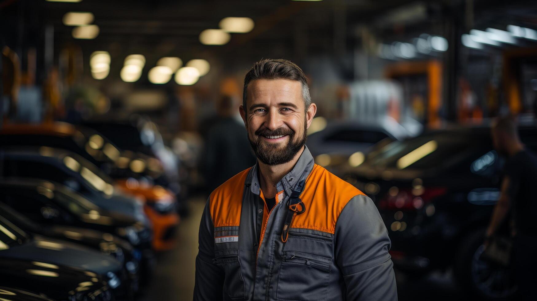 Smiling mechanic in a car repair shop photo