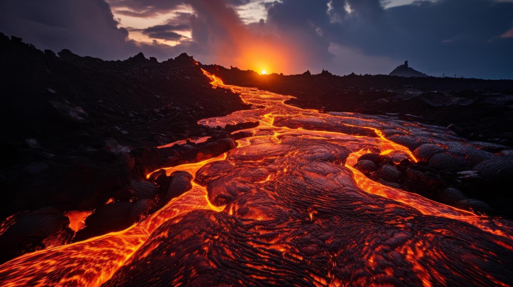 Fiery lava flow at sunset in volcanic landscape photo