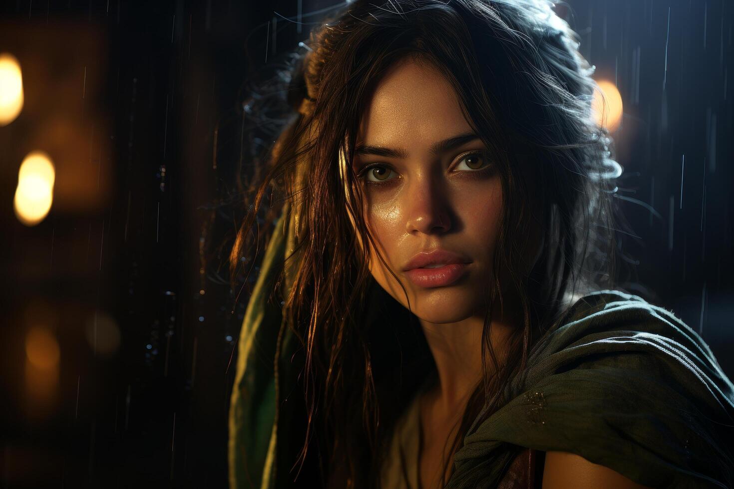 Dramatic portrait of a young woman with intense expression photo