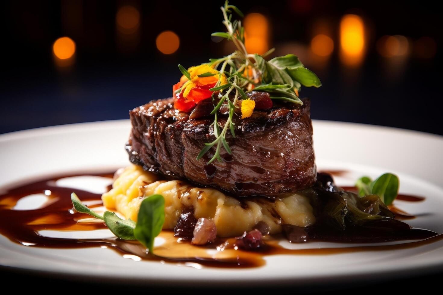 Delicious gourmet steak dish with vegetables and sauce photo