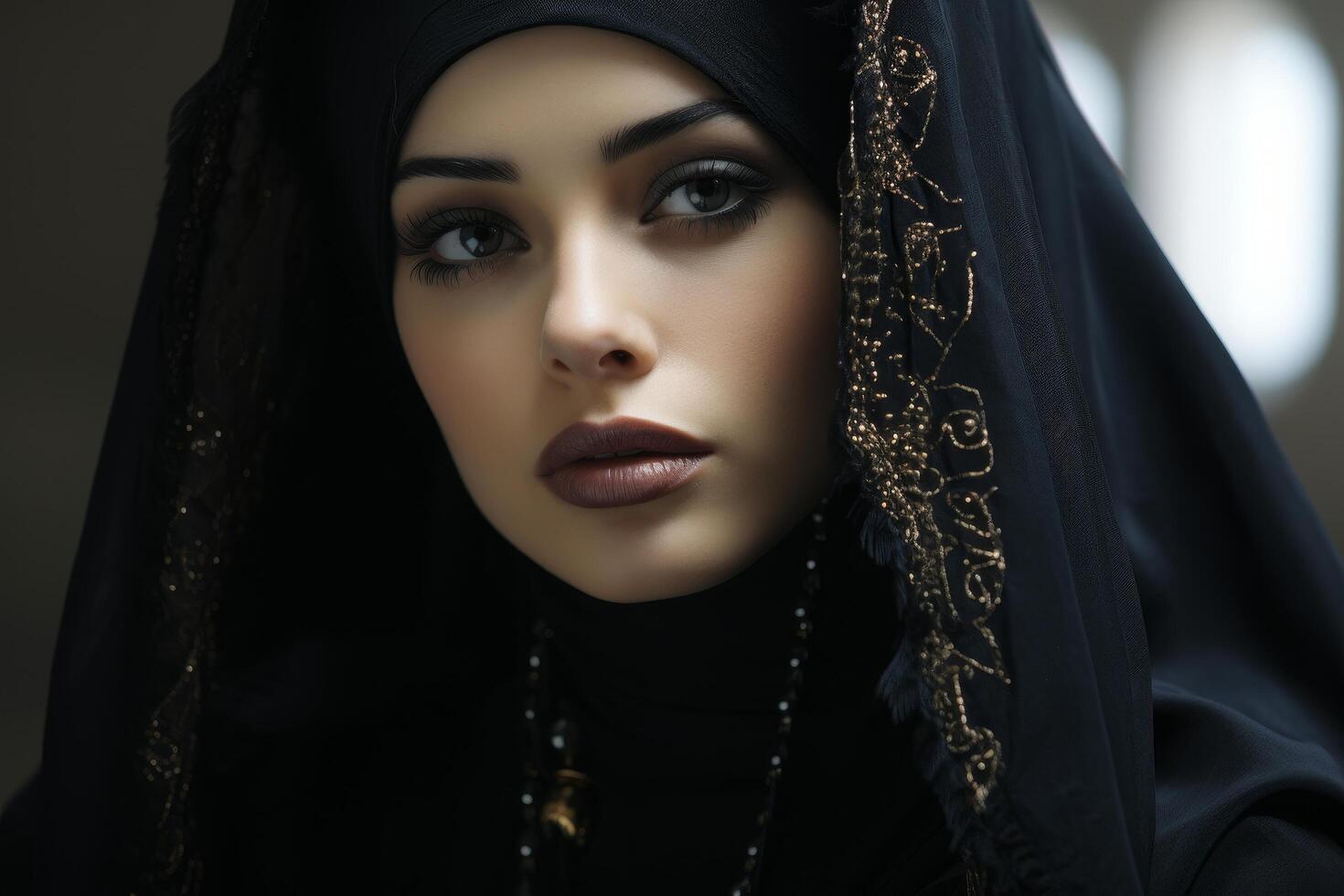 Elegant woman in black hijab with gold details photo