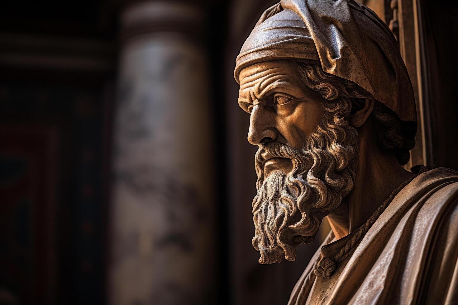 Weathered statue of an old man with a long beard and turban photo