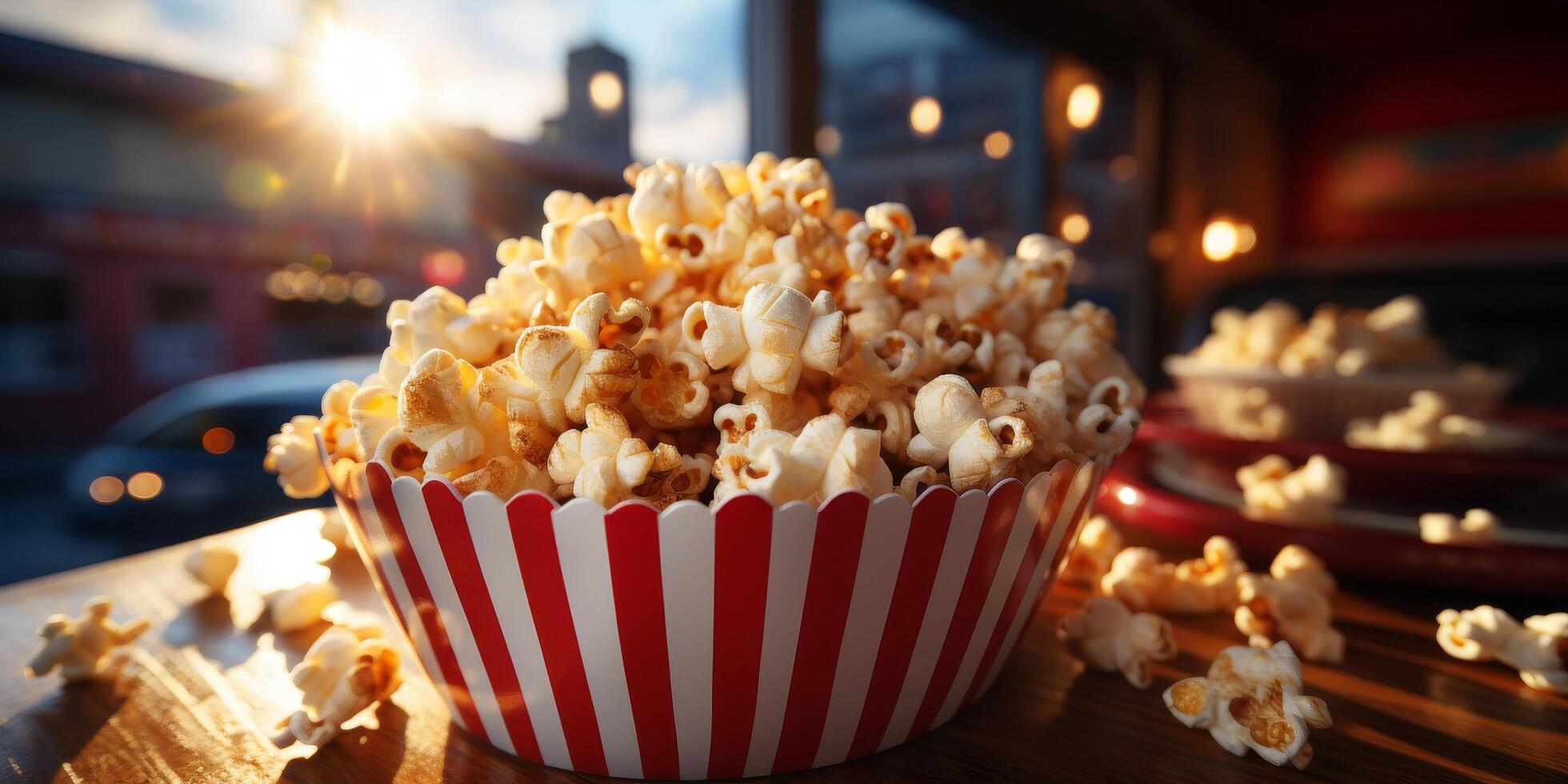 Delicious popcorn in a striped container at sunset photo
