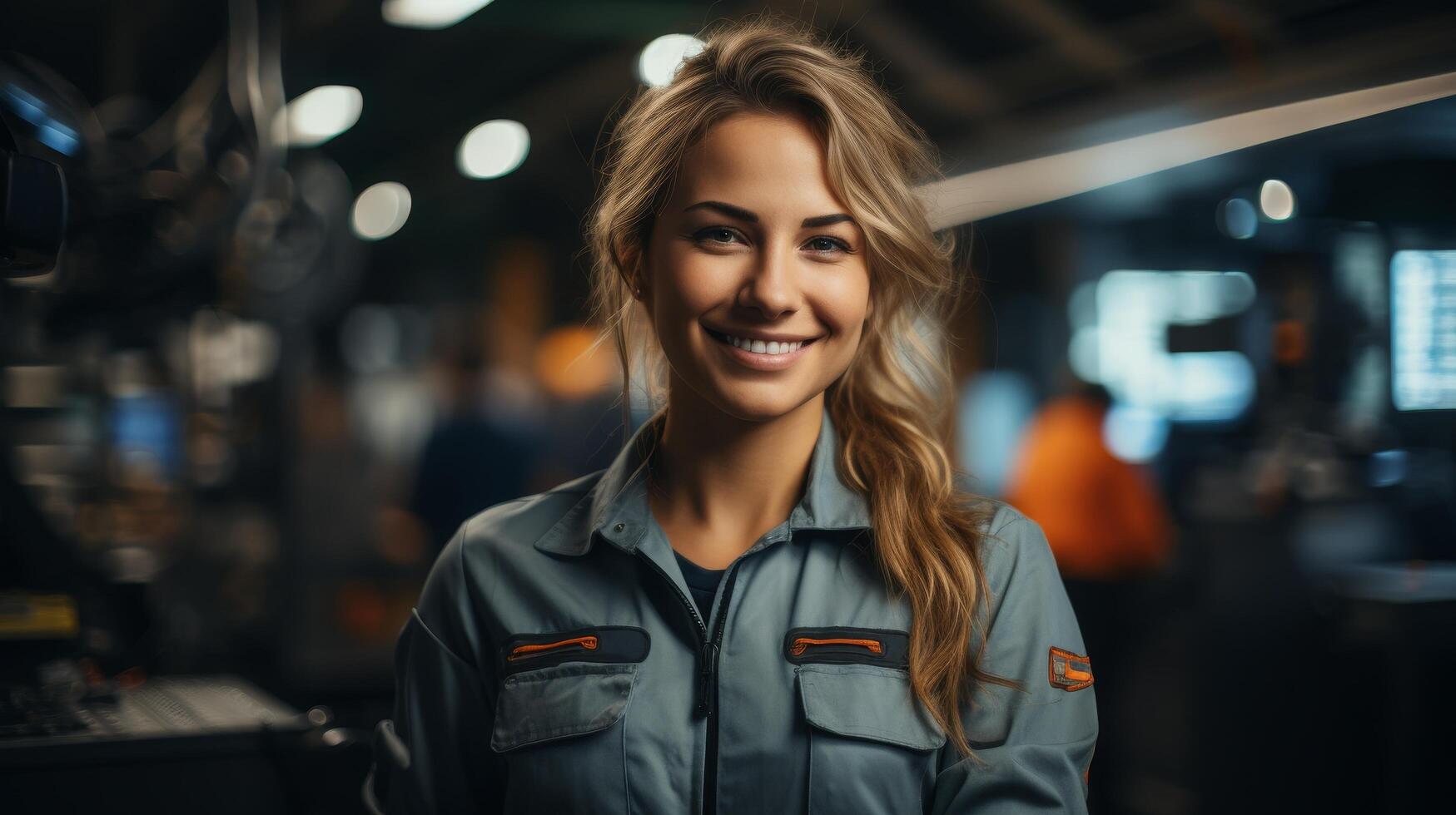 smiling woman in gray workwear photo