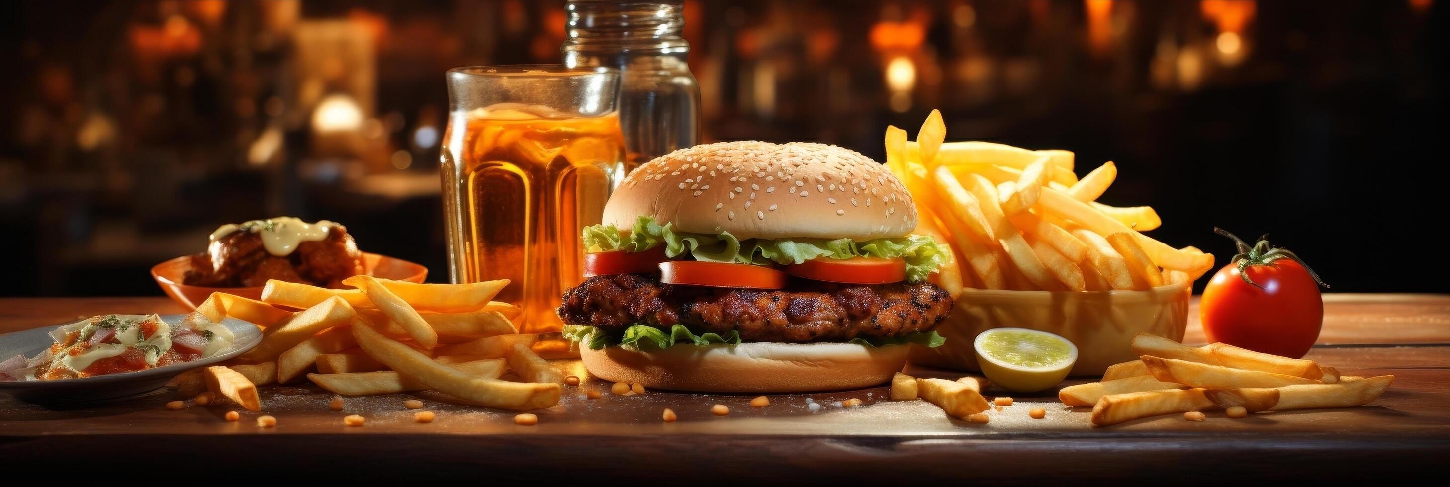 delicious burger and fries on wooden table photo