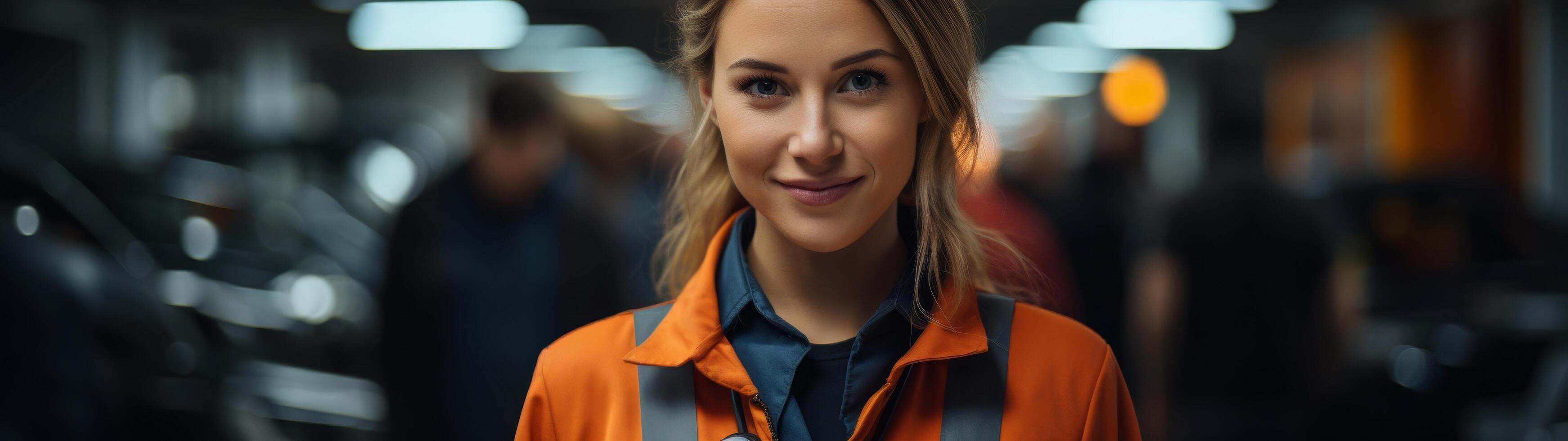 Smiling woman in orange jacket photo