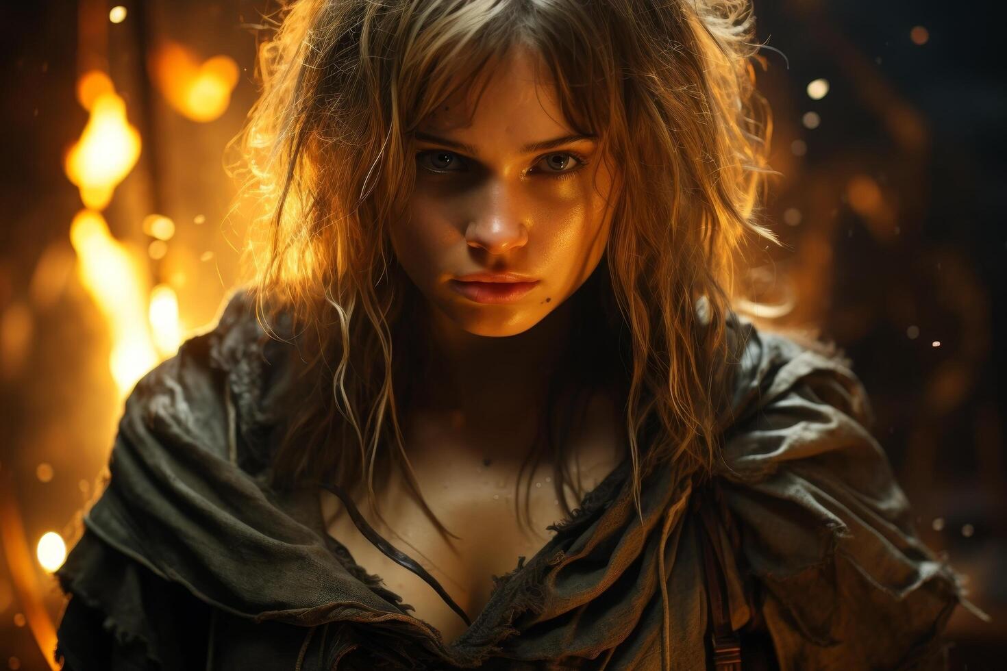 Mysterious woman in dark coat with fiery hair photo