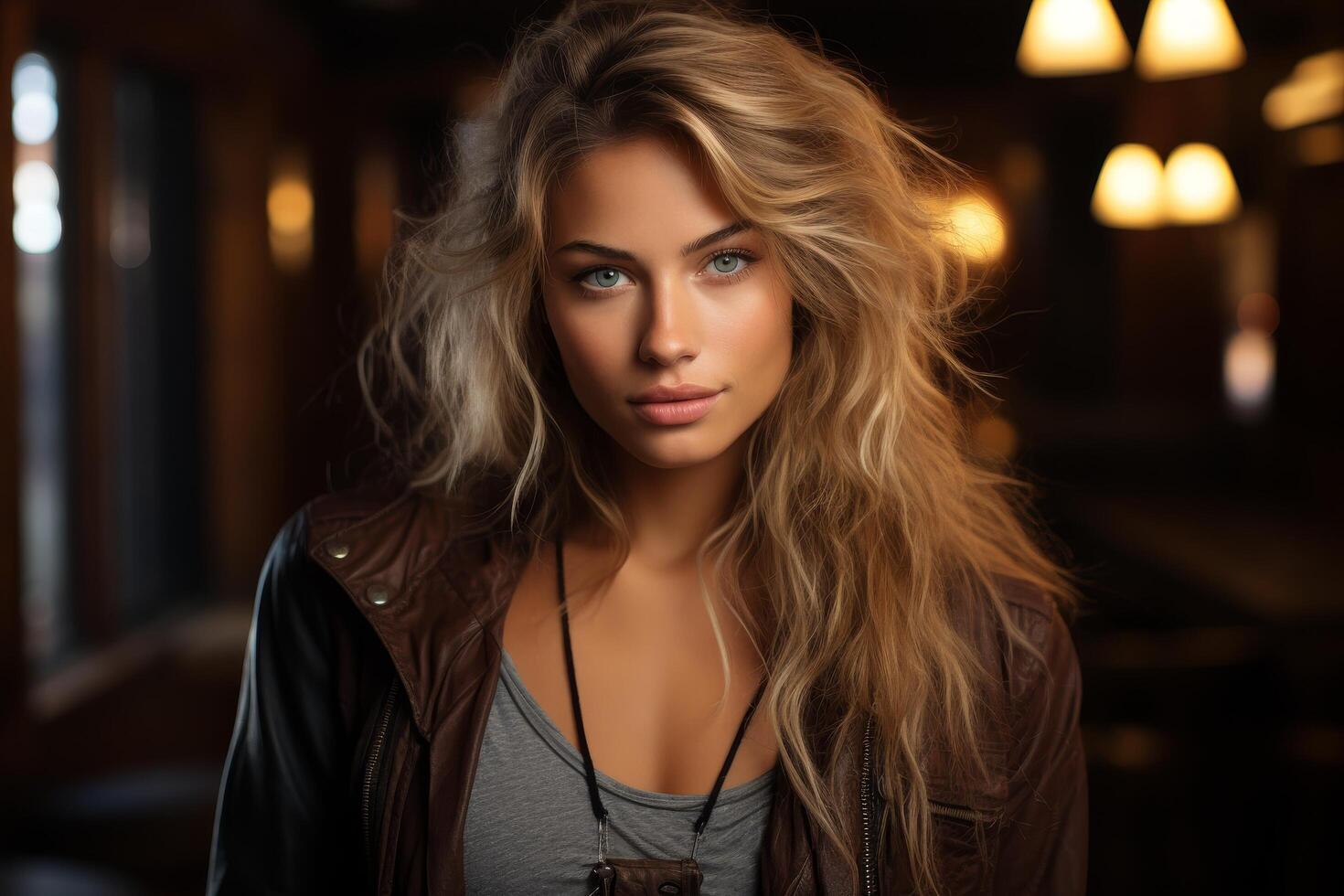 Captivating woman with flowing blonde hair photo