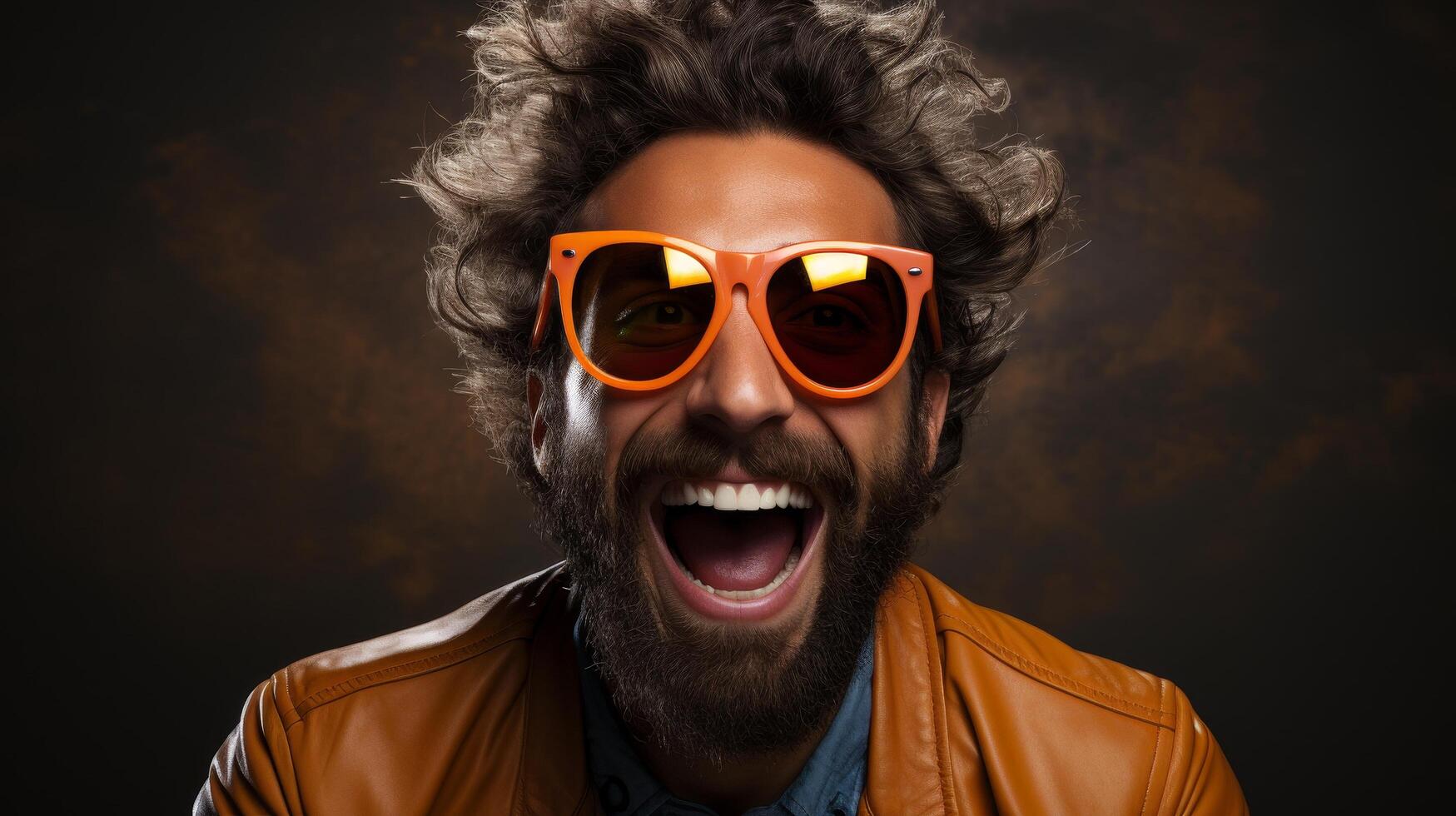 Smiling man with curly hair and orange sunglasses photo