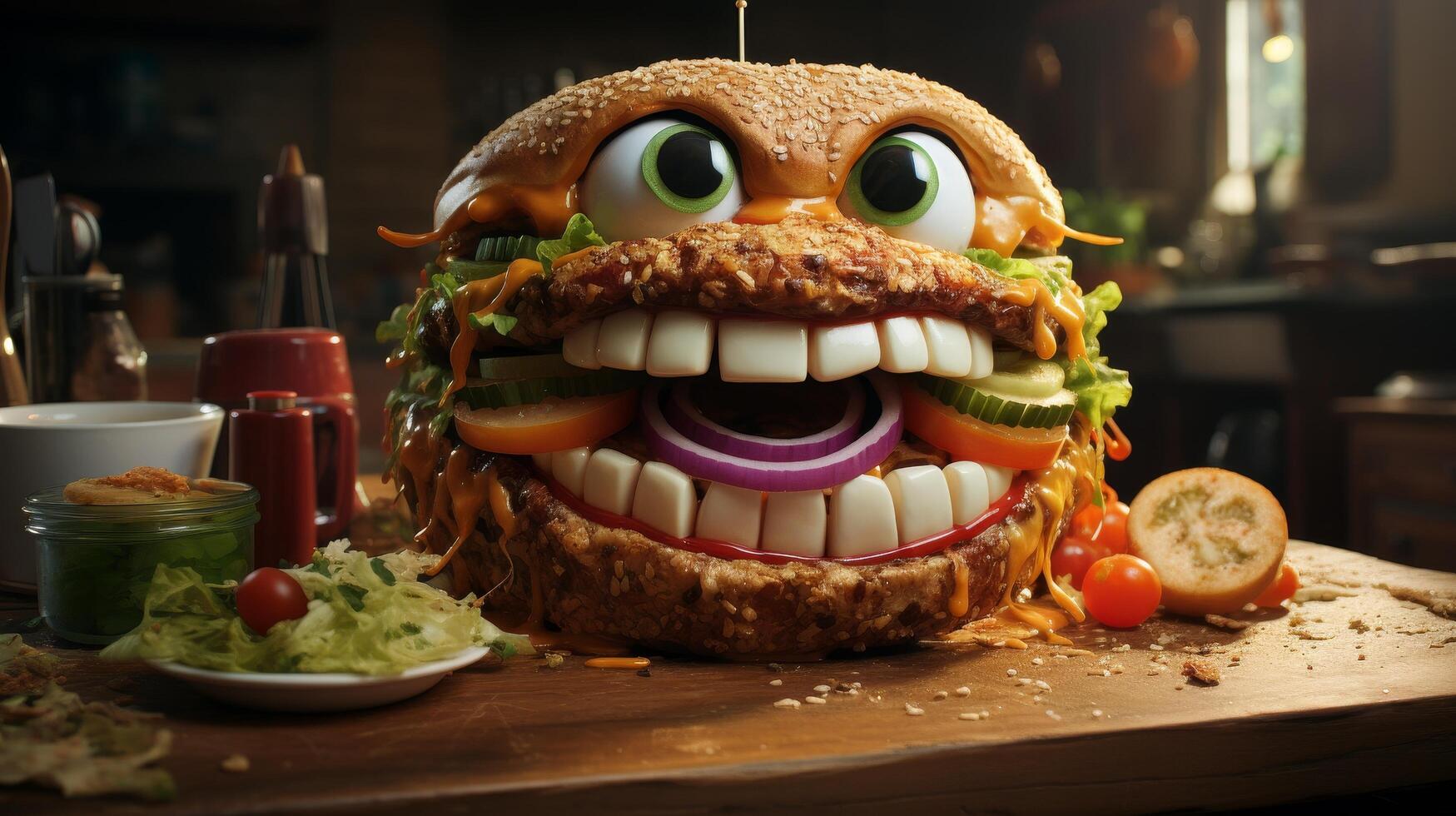 Funny and Whimsical Burger with Cartoon like Eyes and Teeth photo