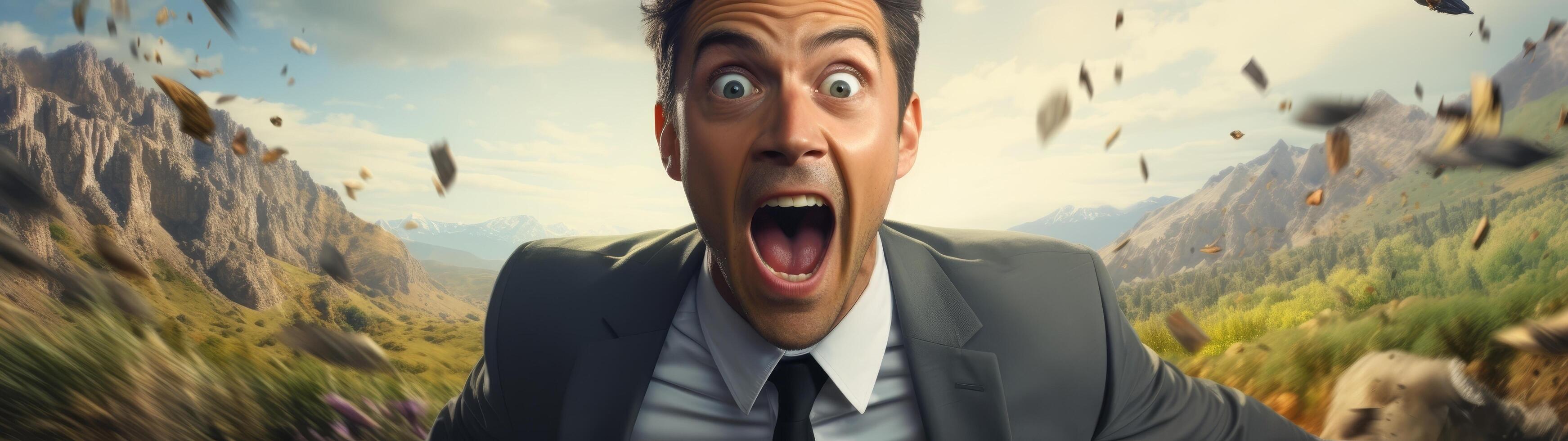 businessman screaming in surprise with mountains in background photo