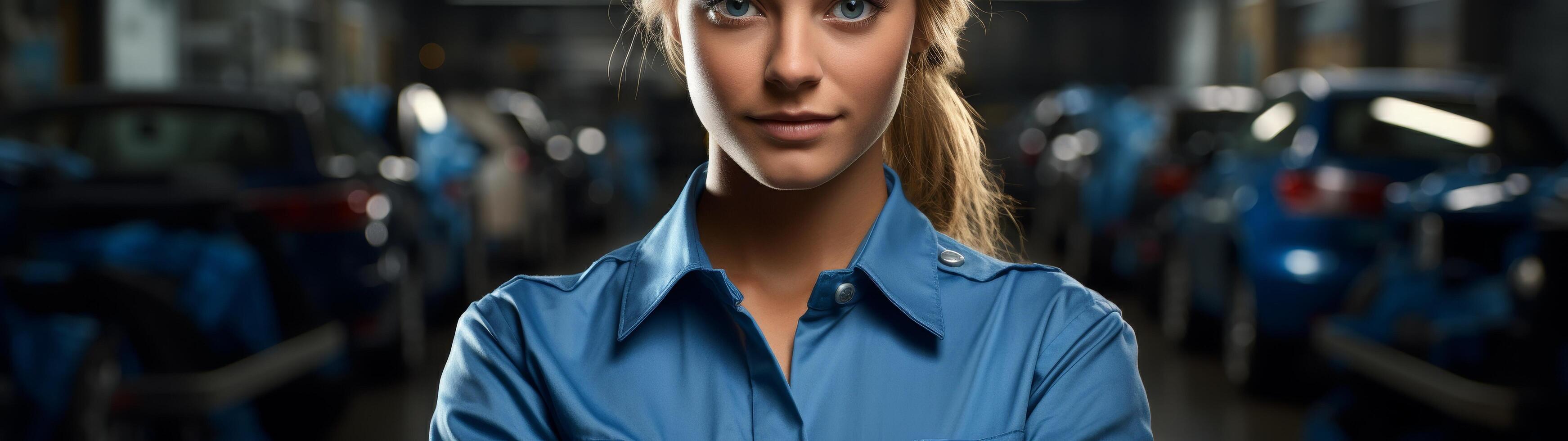 confident mechanic in auto repair shop photo