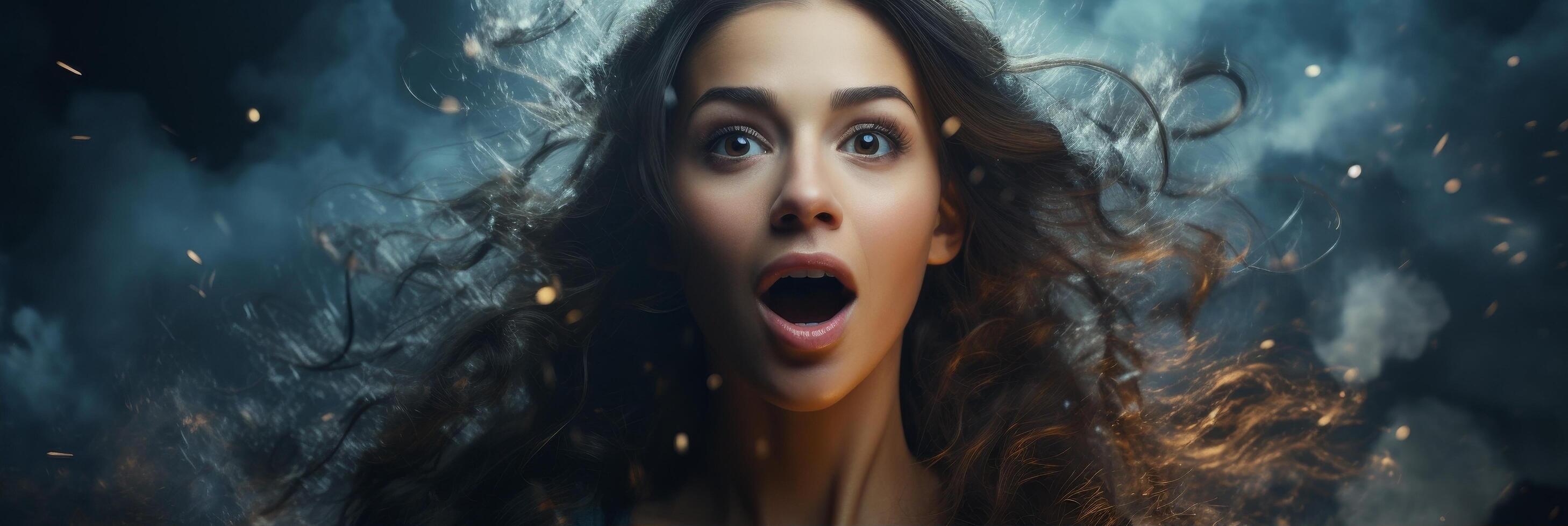 Surprised woman with windblown hair photo