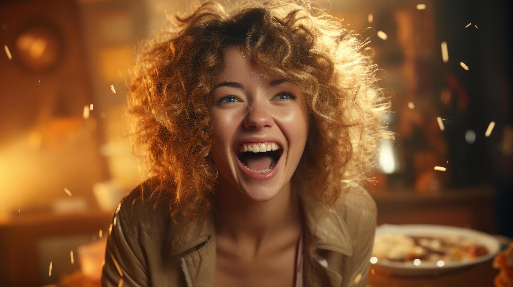 joyful woman with curly hair laughing in warm light photo