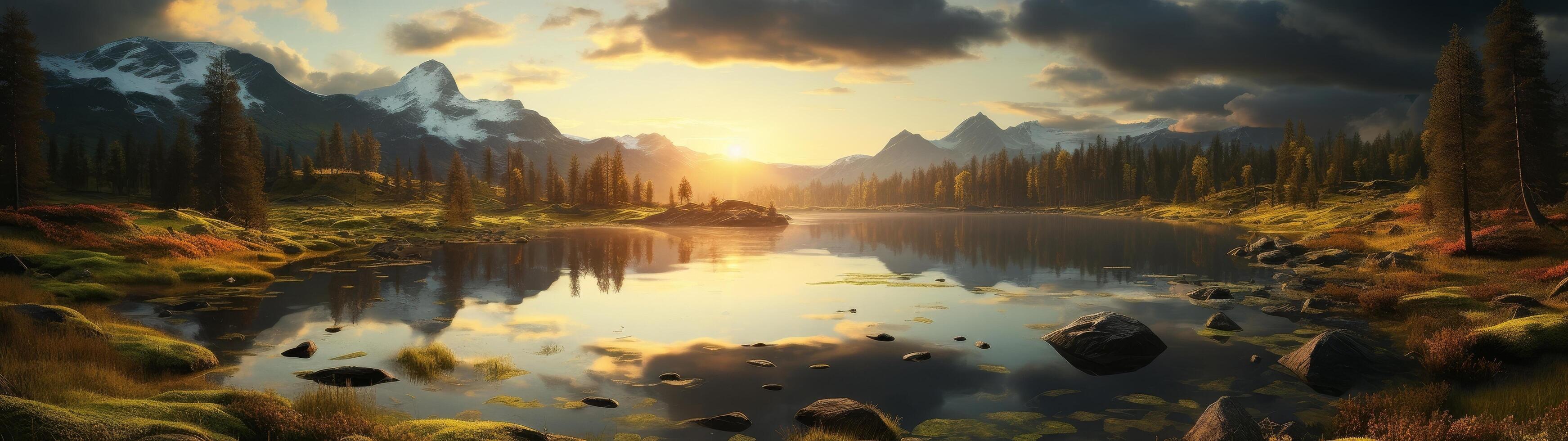 Serene mountain lake at sunset photo