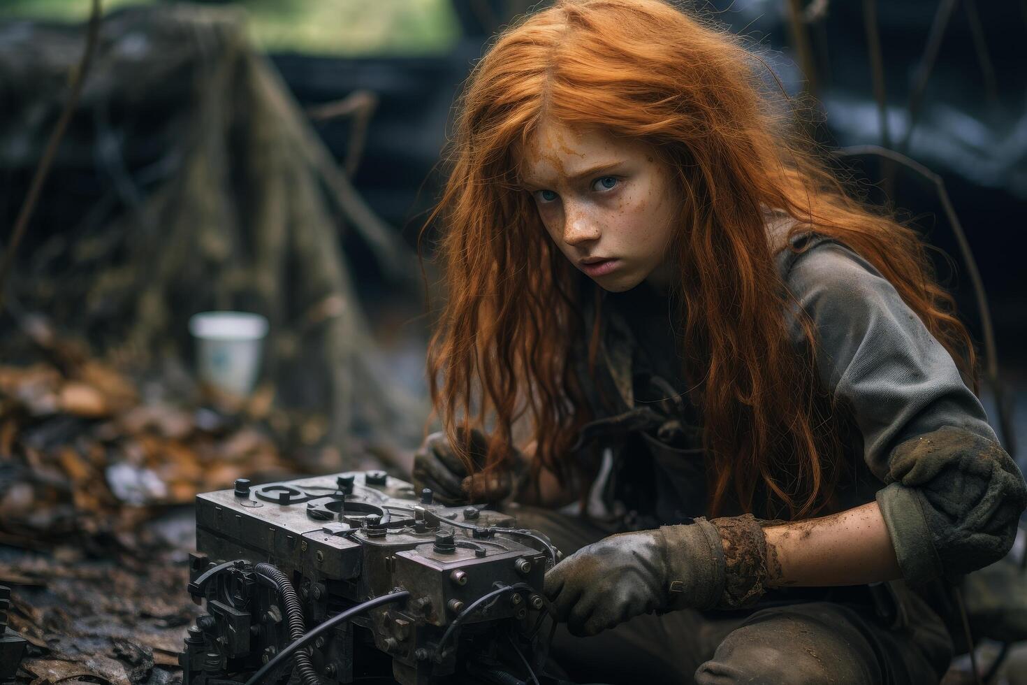 Determined young woman repairing machinery in the wilderness photo
