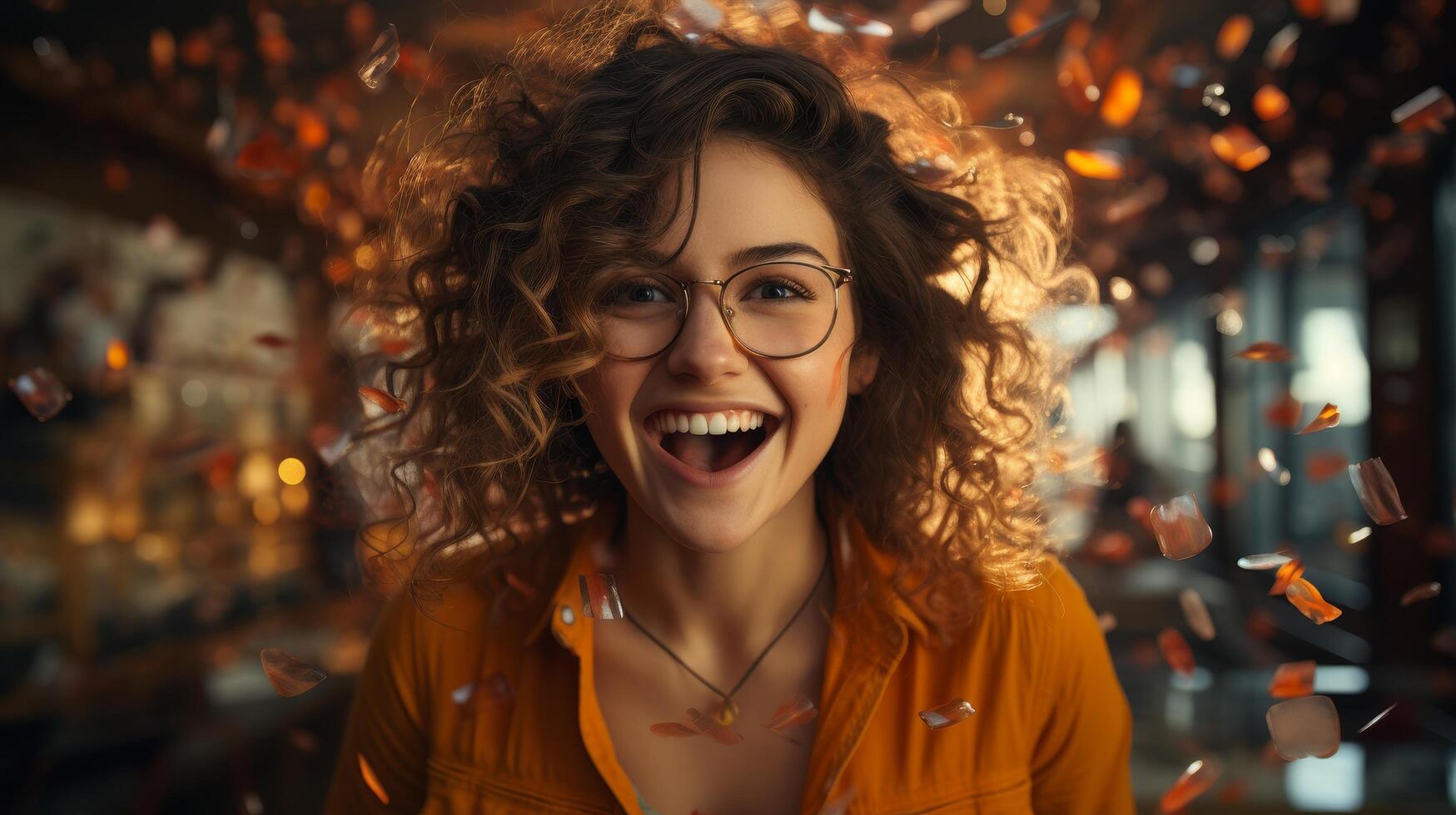 joyful woman with curly hair and glasses smiling in autumn photo