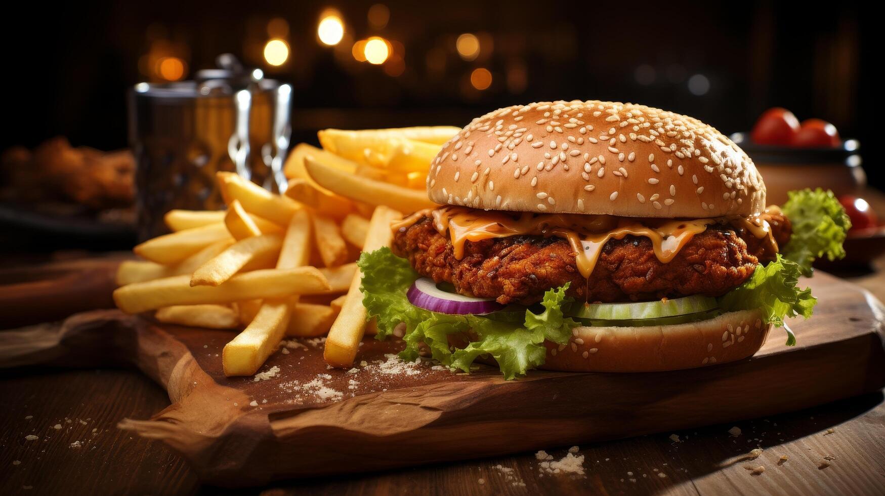Delicious fast food burger and fries on wooden table photo