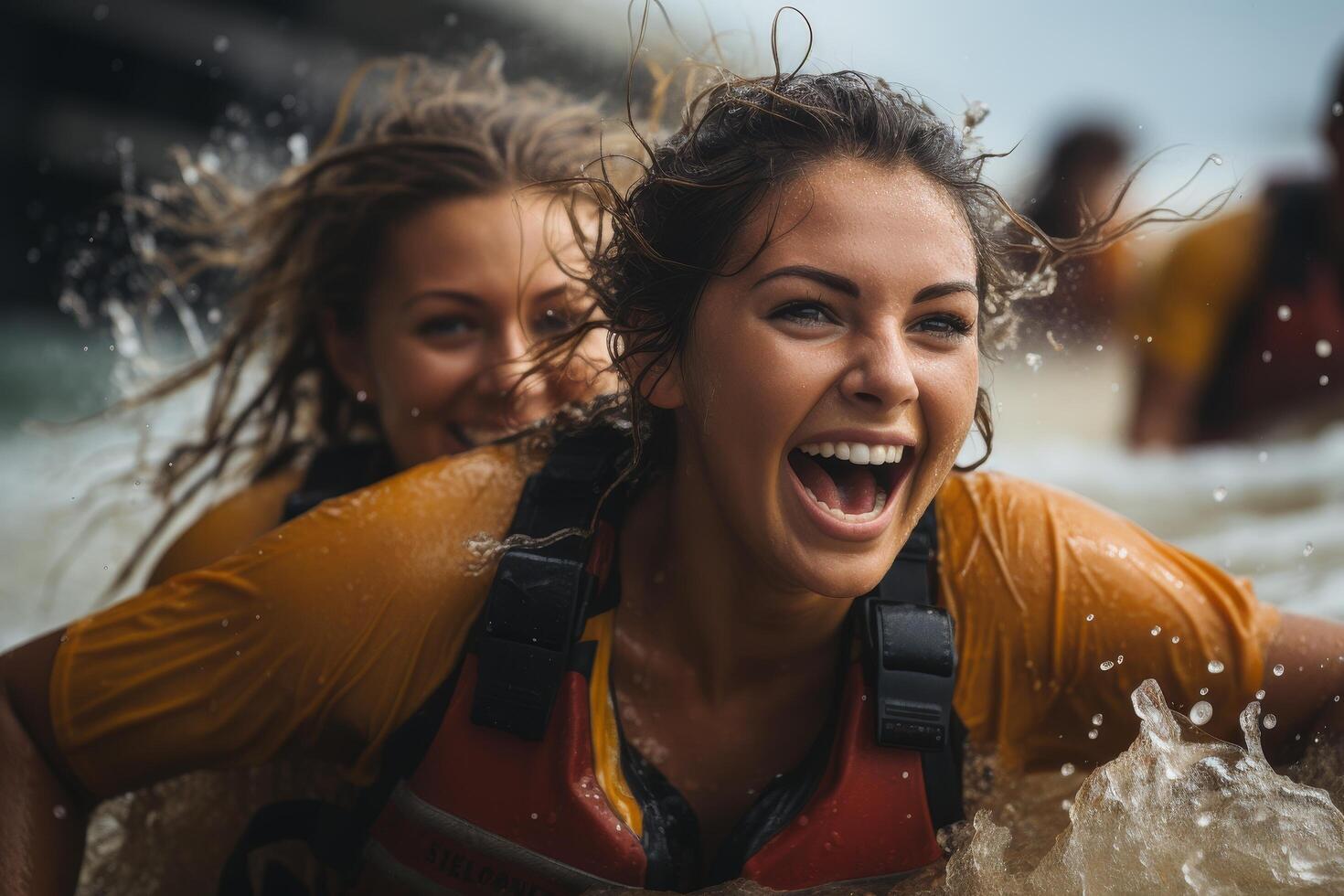 Excited friends enjoying water adventure photo